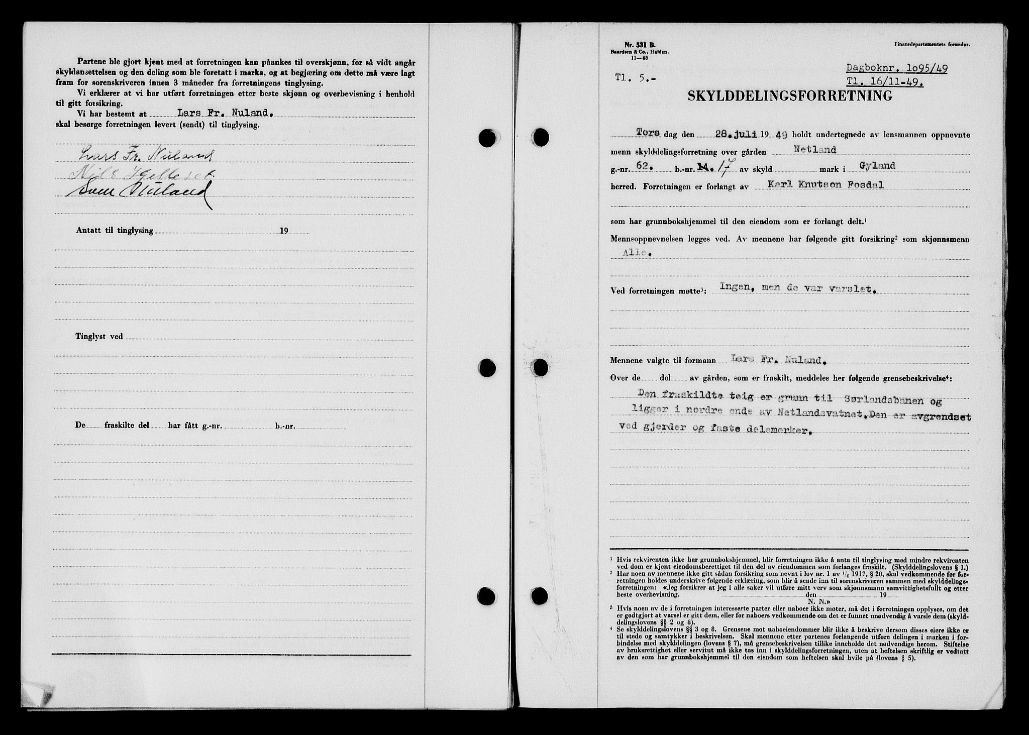 Flekkefjord sorenskriveri, SAK/1221-0001/G/Gb/Gba/L0065: Mortgage book no. A-13, 1949-1949, Diary no: : 1095/1949