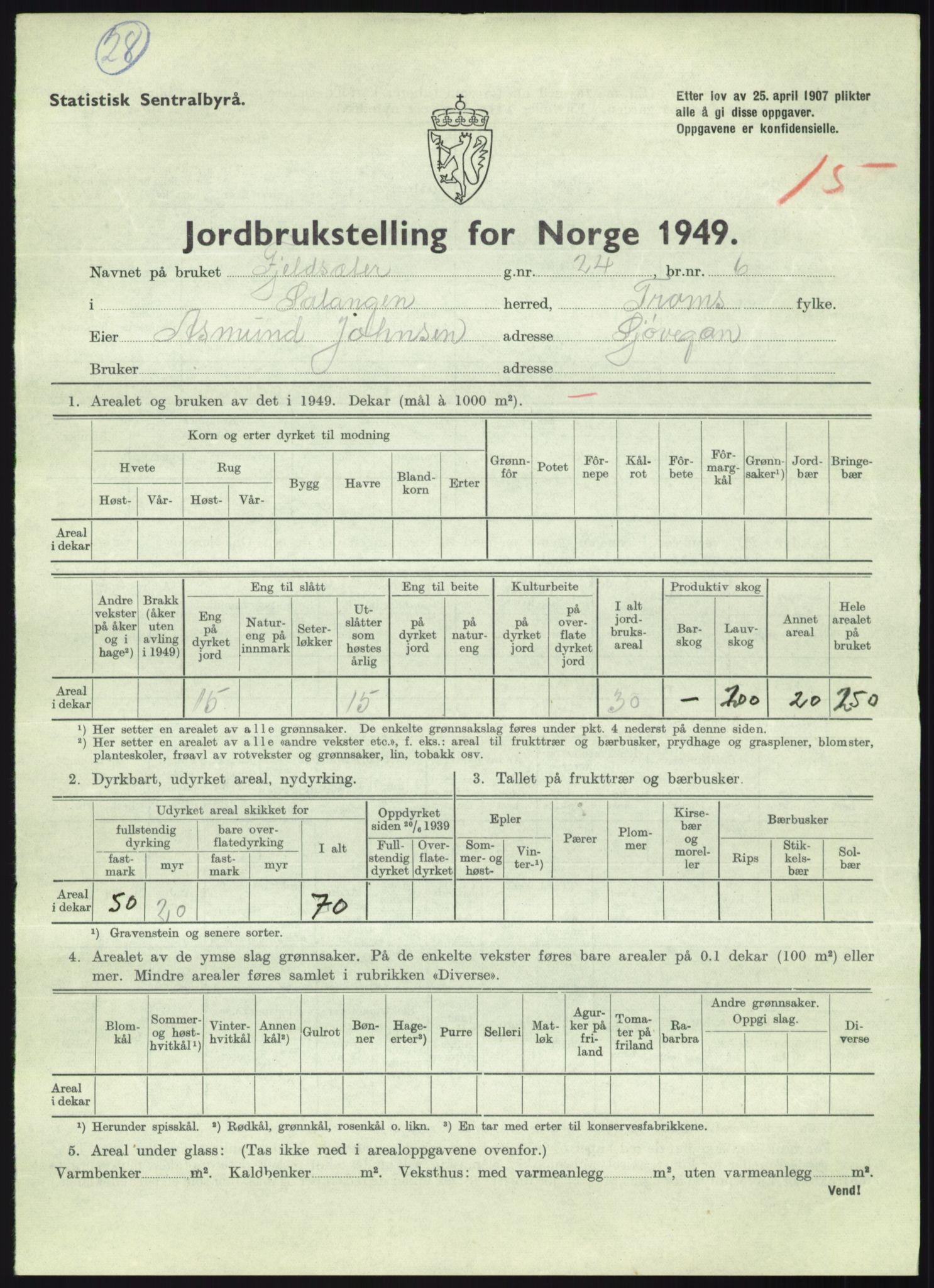 Statistisk sentralbyrå, Næringsøkonomiske emner, Jordbruk, skogbruk, jakt, fiske og fangst, AV/RA-S-2234/G/Gc/L0438: Troms: Salangen og Bardu, 1949, p. 608