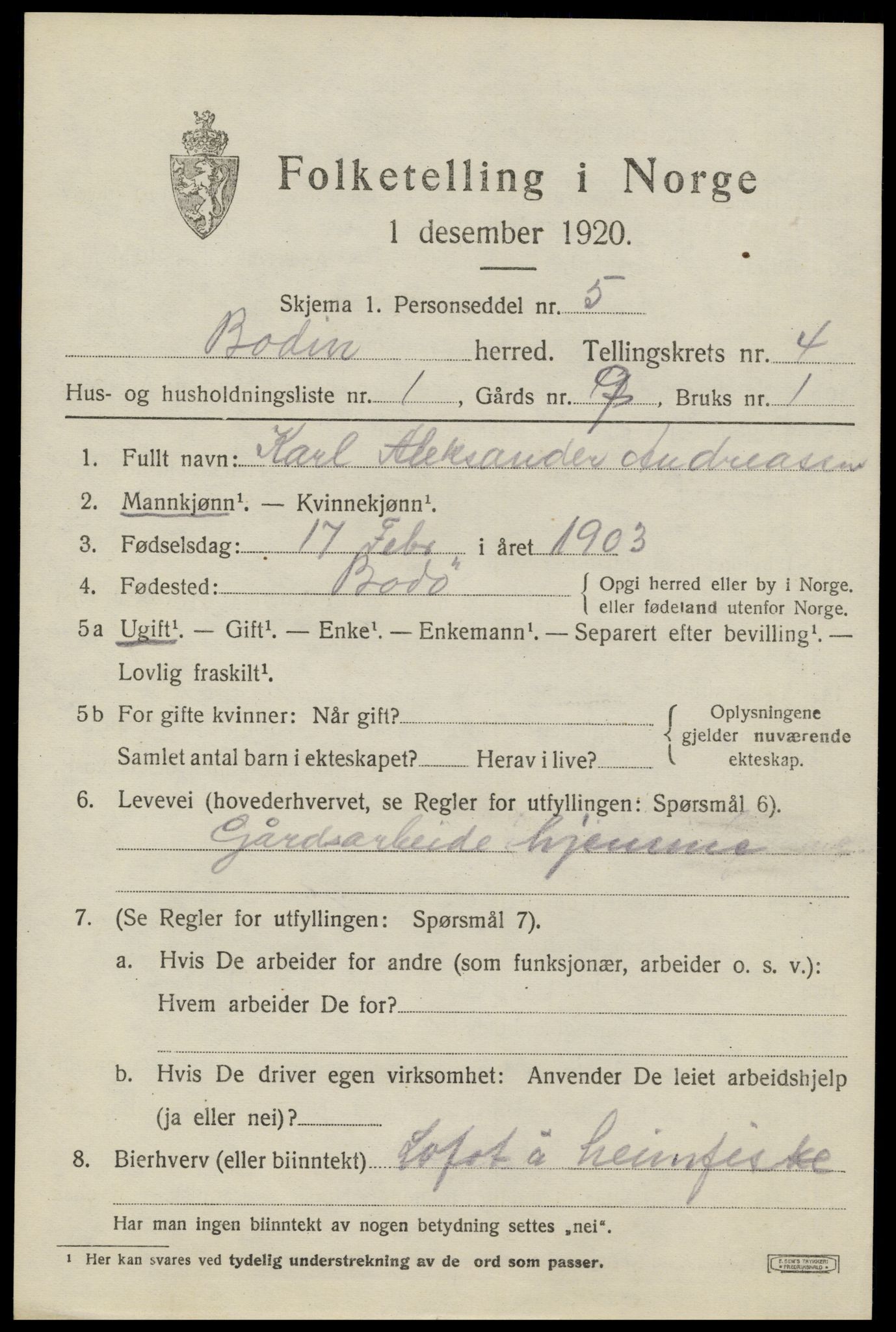 SAT, 1920 census for Bodin, 1920, p. 2694