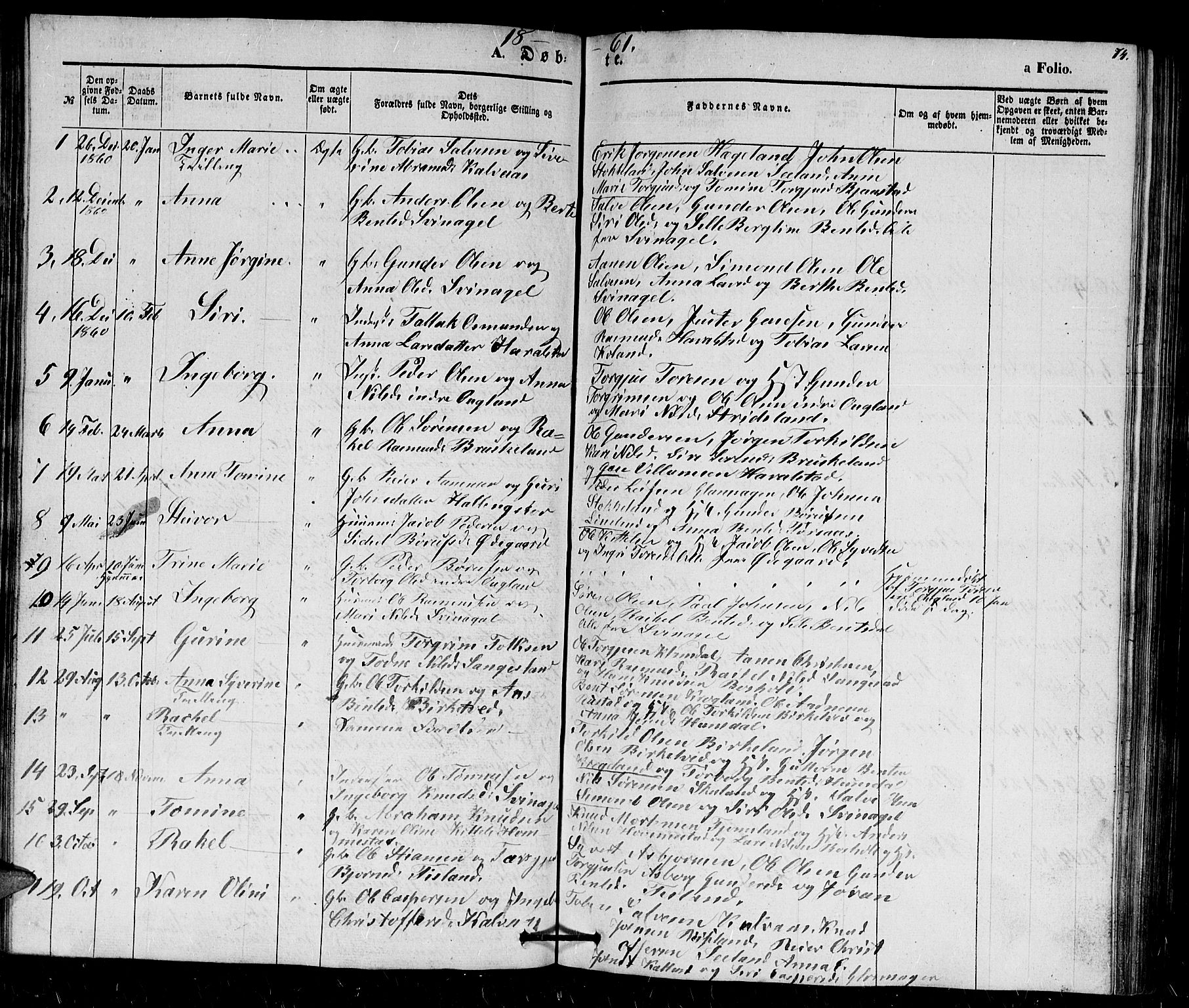 Holum sokneprestkontor, SAK/1111-0022/F/Fb/Fbb/L0002: Parish register (copy) no. B 2, 1847-1874, p. 74