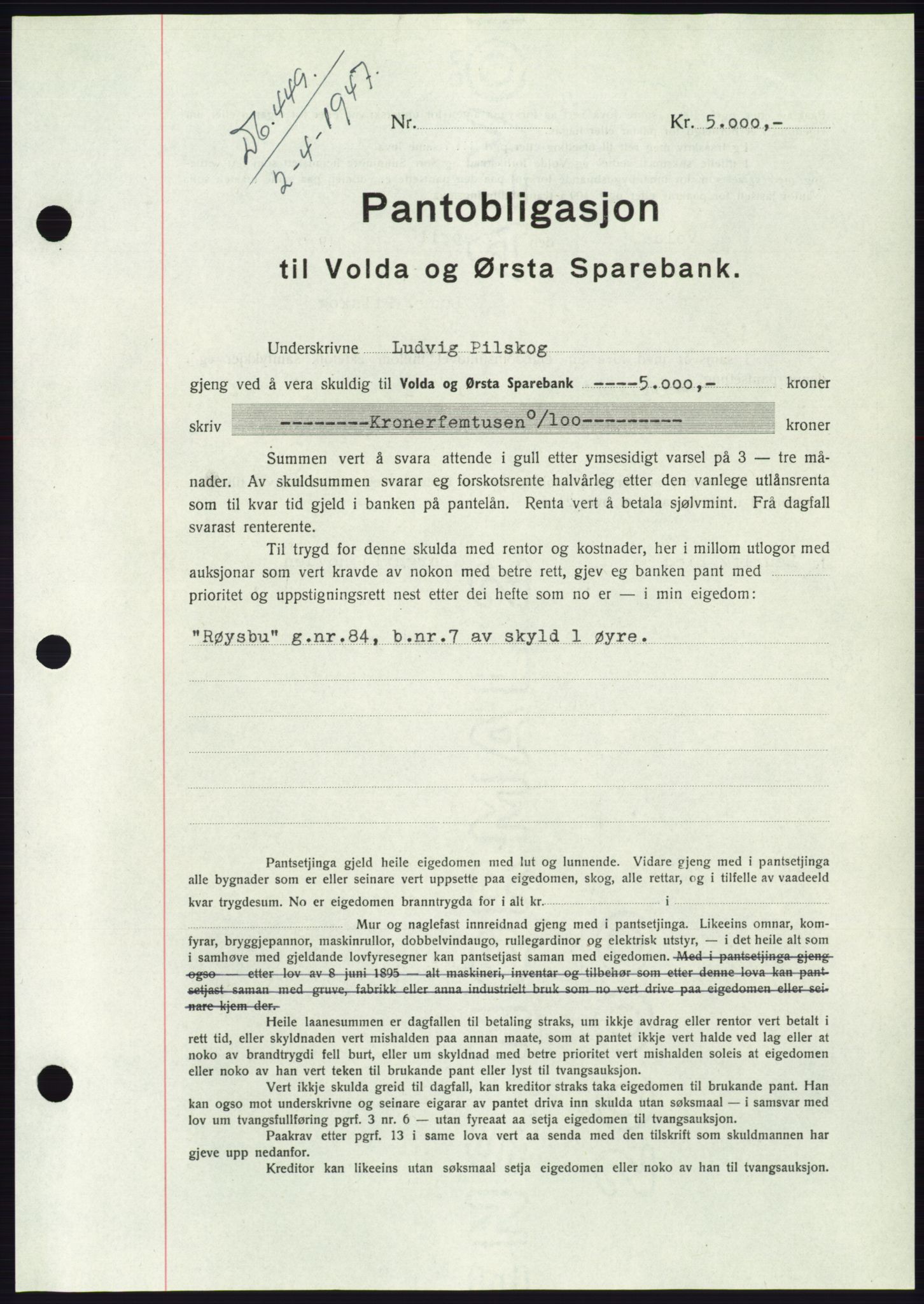 Søre Sunnmøre sorenskriveri, AV/SAT-A-4122/1/2/2C/L0114: Mortgage book no. 1-2B, 1943-1947, Diary no: : 449/1947