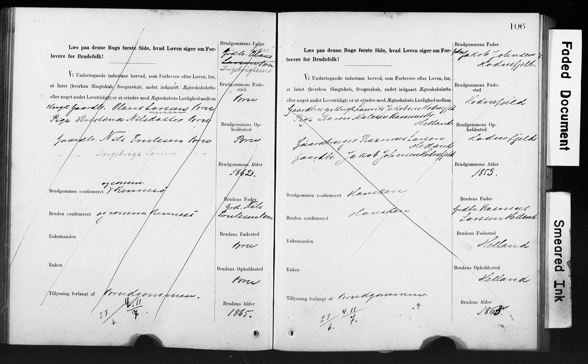 Rennesøy sokneprestkontor, SAST/A -101827/I/Ie/L0001: Banns register no. 1, 1873-1898, p. 106