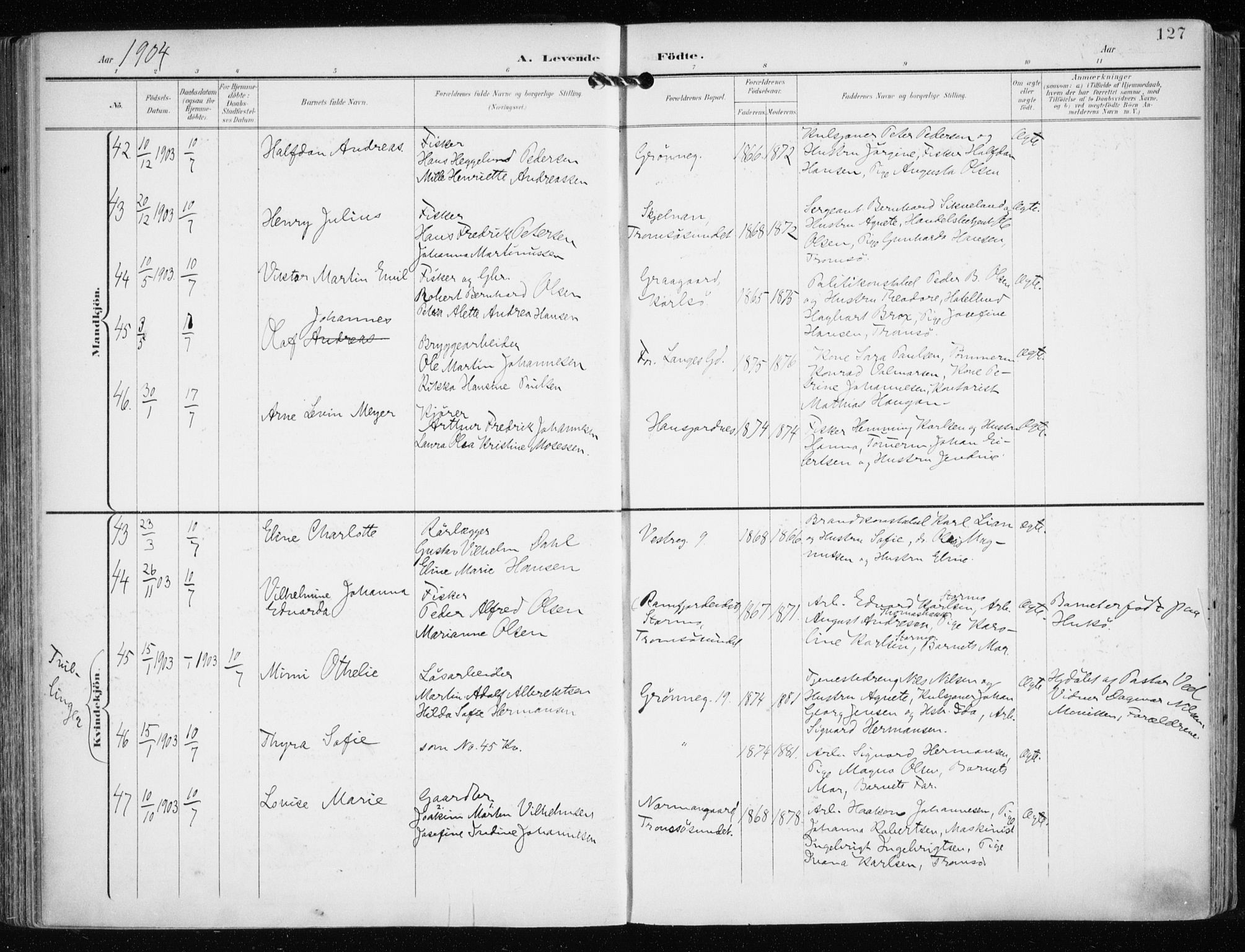 Tromsø sokneprestkontor/stiftsprosti/domprosti, AV/SATØ-S-1343/G/Ga/L0016kirke: Parish register (official) no. 16, 1899-1906, p. 127