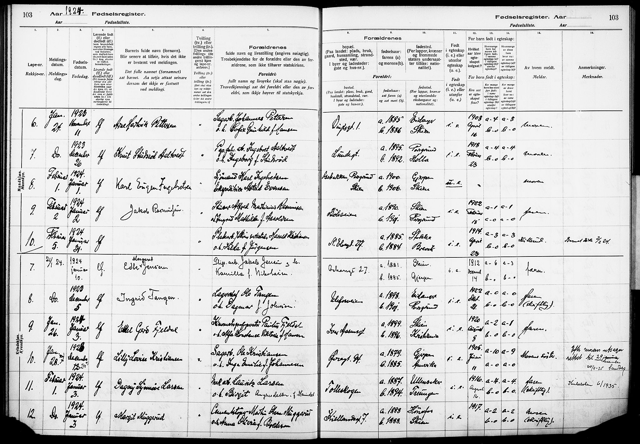 Skien kirkebøker, AV/SAKO-A-302/J/Ja/L0002: Birth register no. 2, 1921-1927, p. 103