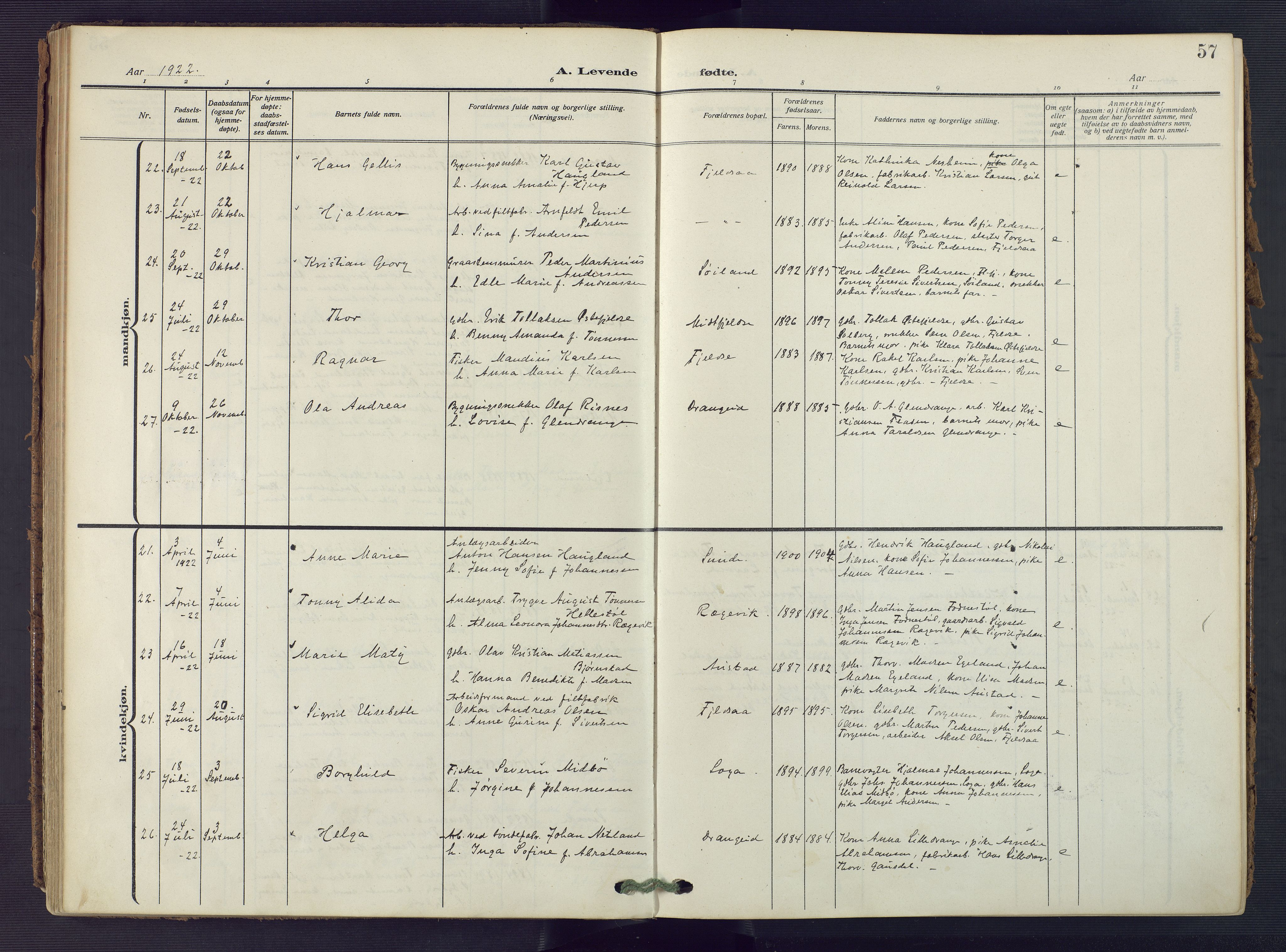 Flekkefjord sokneprestkontor, AV/SAK-1111-0012/F/Fa/Fac/L0010: Parish register (official) no. A 10, 1910-1927, p. 57