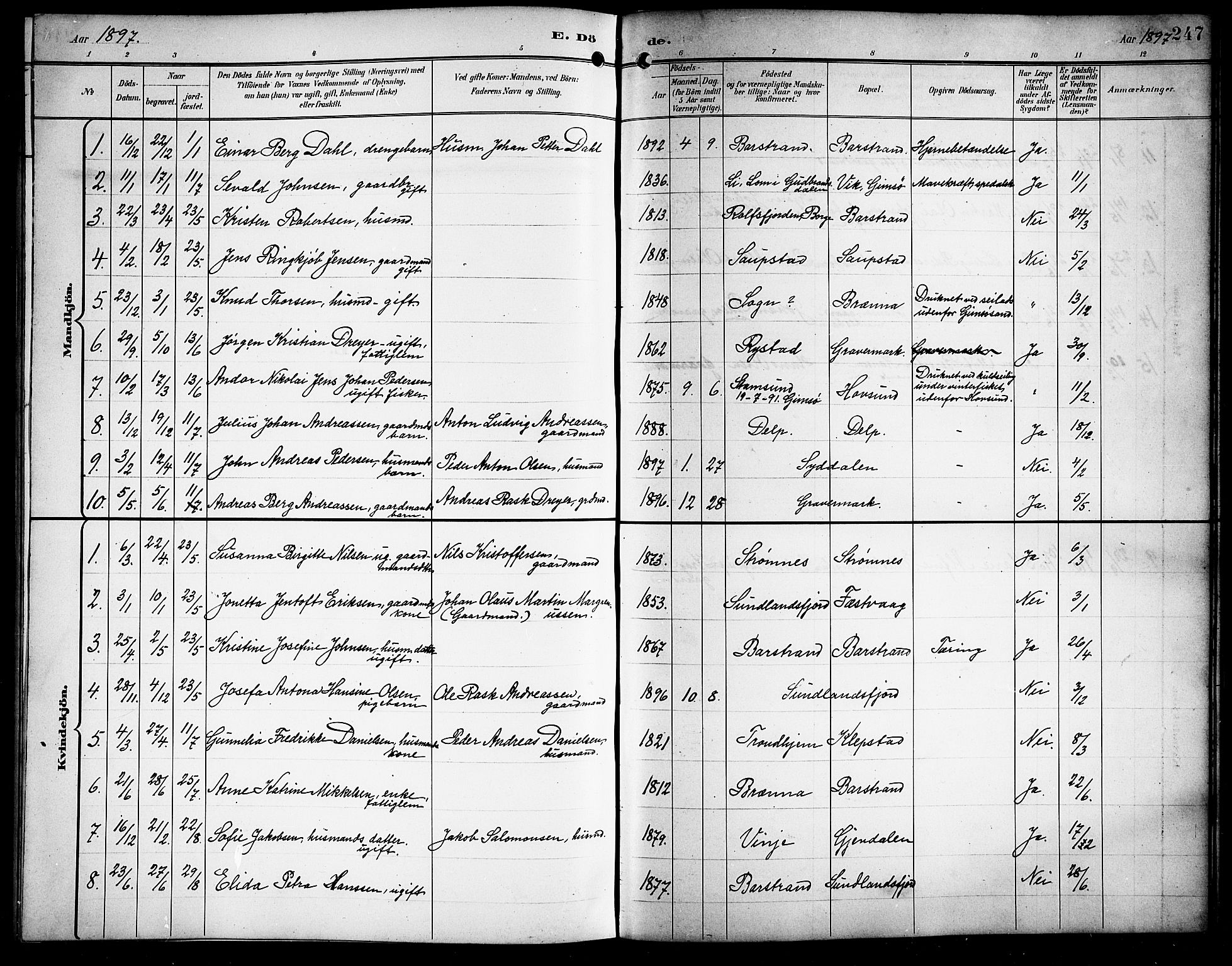 Ministerialprotokoller, klokkerbøker og fødselsregistre - Nordland, AV/SAT-A-1459/876/L1105: Parish register (copy) no. 876C04, 1896-1914, p. 247