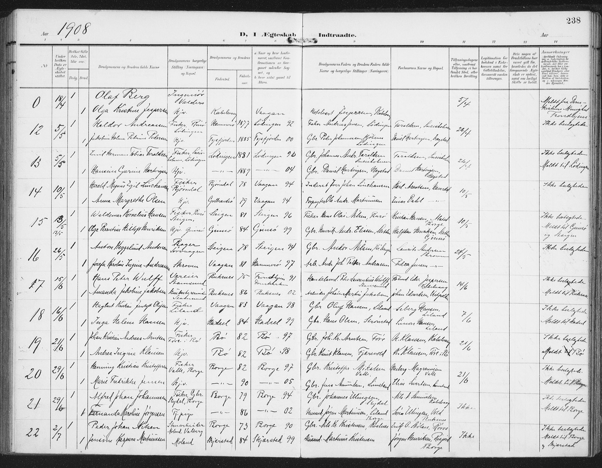 Ministerialprotokoller, klokkerbøker og fødselsregistre - Nordland, AV/SAT-A-1459/874/L1063: Parish register (official) no. 874A07, 1907-1915, p. 238