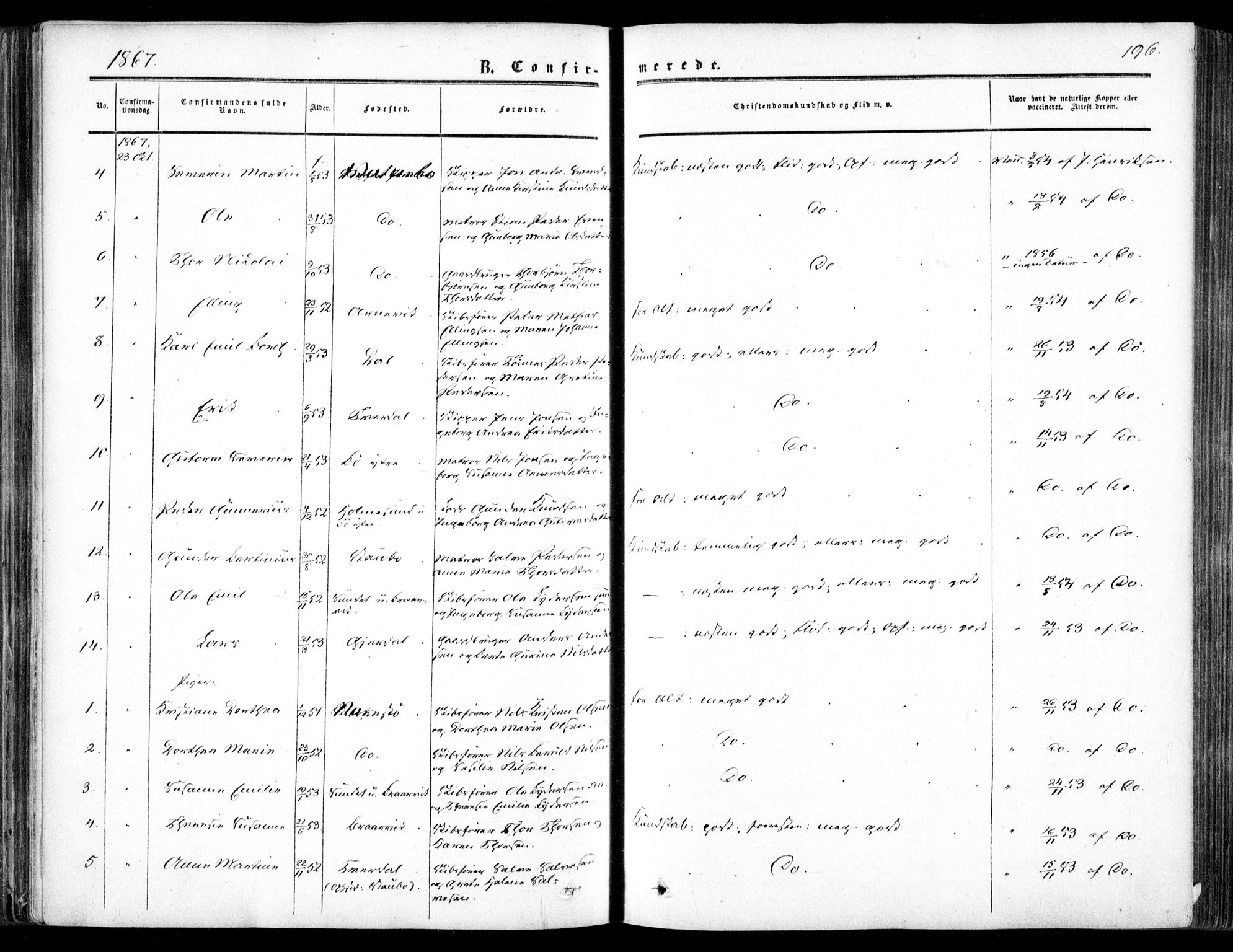 Dypvåg sokneprestkontor, SAK/1111-0007/F/Fa/Faa/L0006: Parish register (official) no. A 6, 1855-1872, p. 196