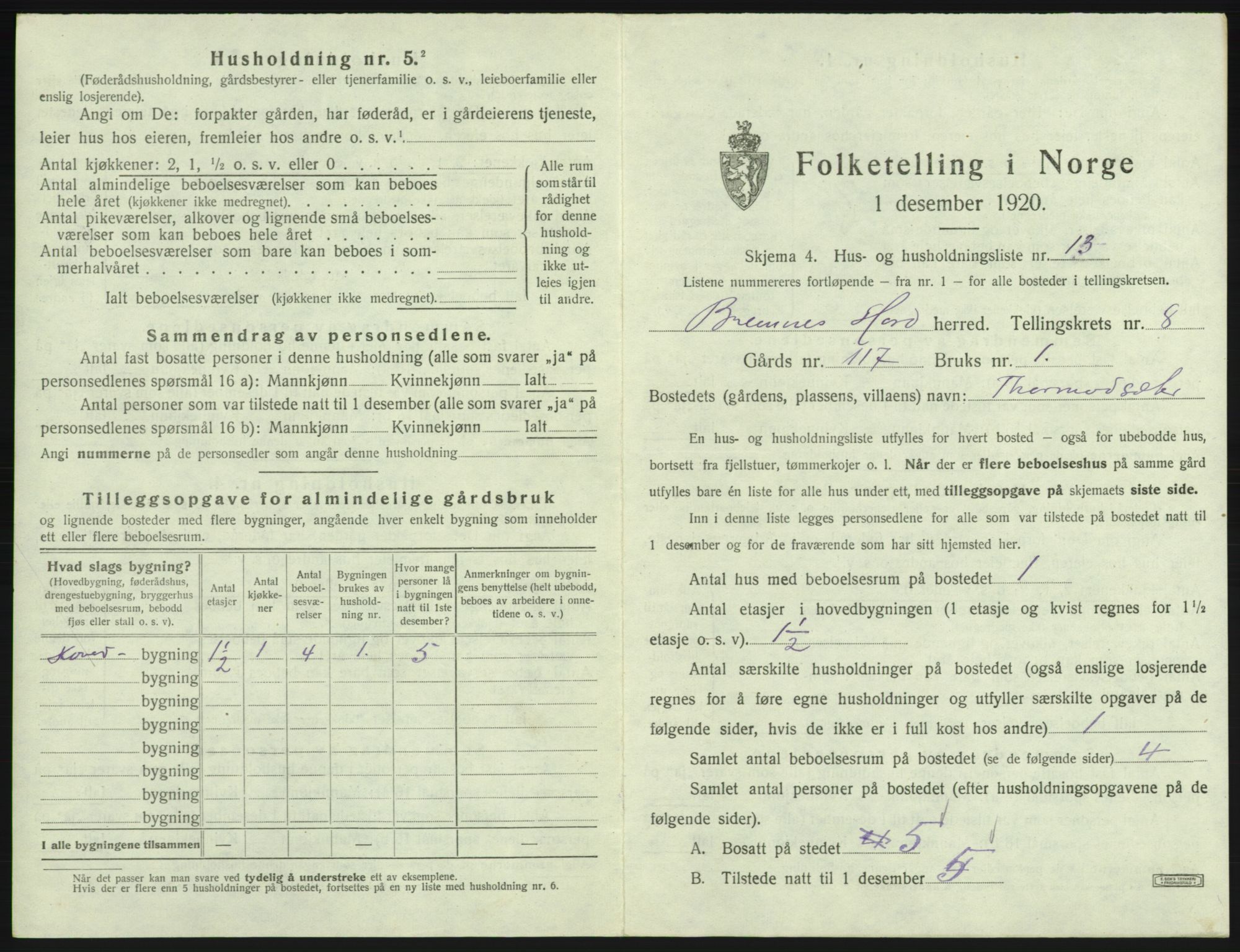 SAB, 1920 census for Bremnes, 1920, p. 656