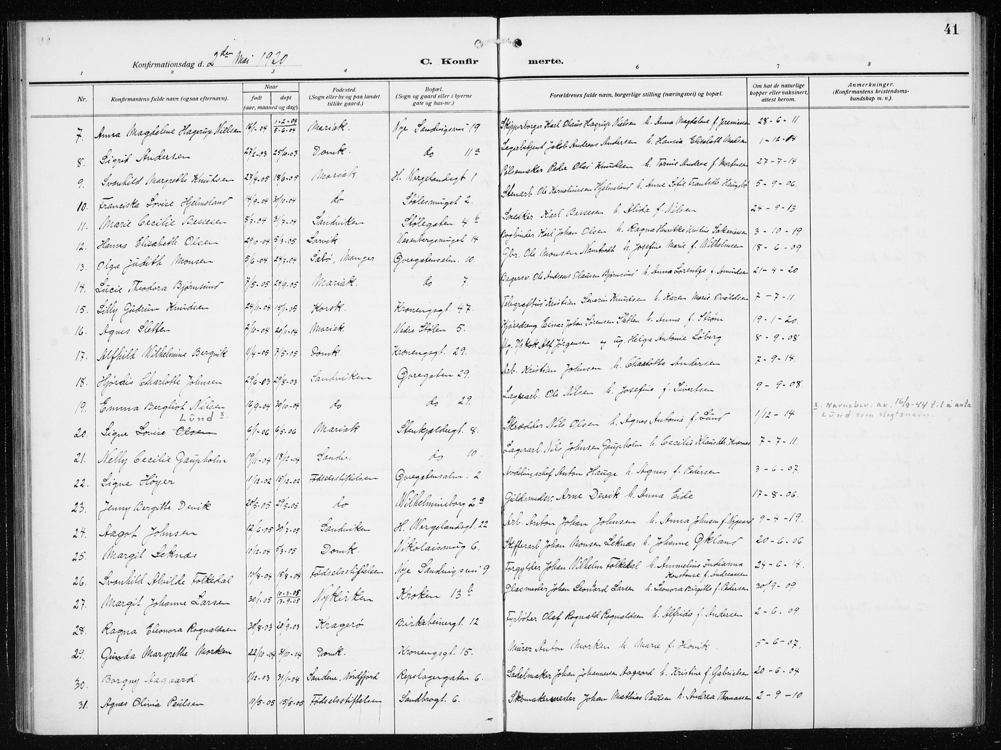 Mariakirken Sokneprestembete, AV/SAB-A-76901/H/Haa/L0015: Parish register (official) no. C 3, 1913-1927, p. 41