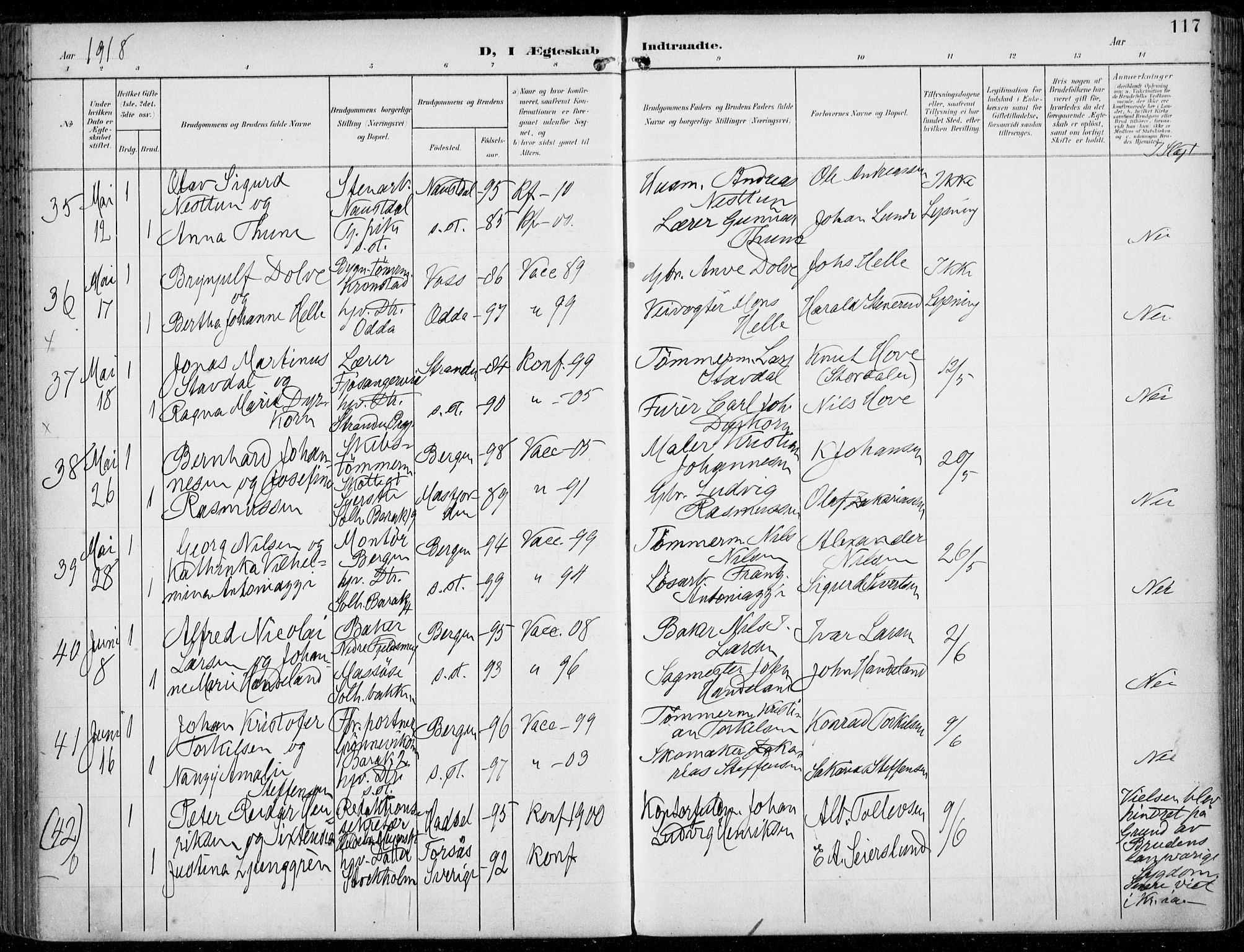 Årstad Sokneprestembete, AV/SAB-A-79301/H/Haa/L0009: Parish register (official) no. C 1, 1902-1918, p. 117