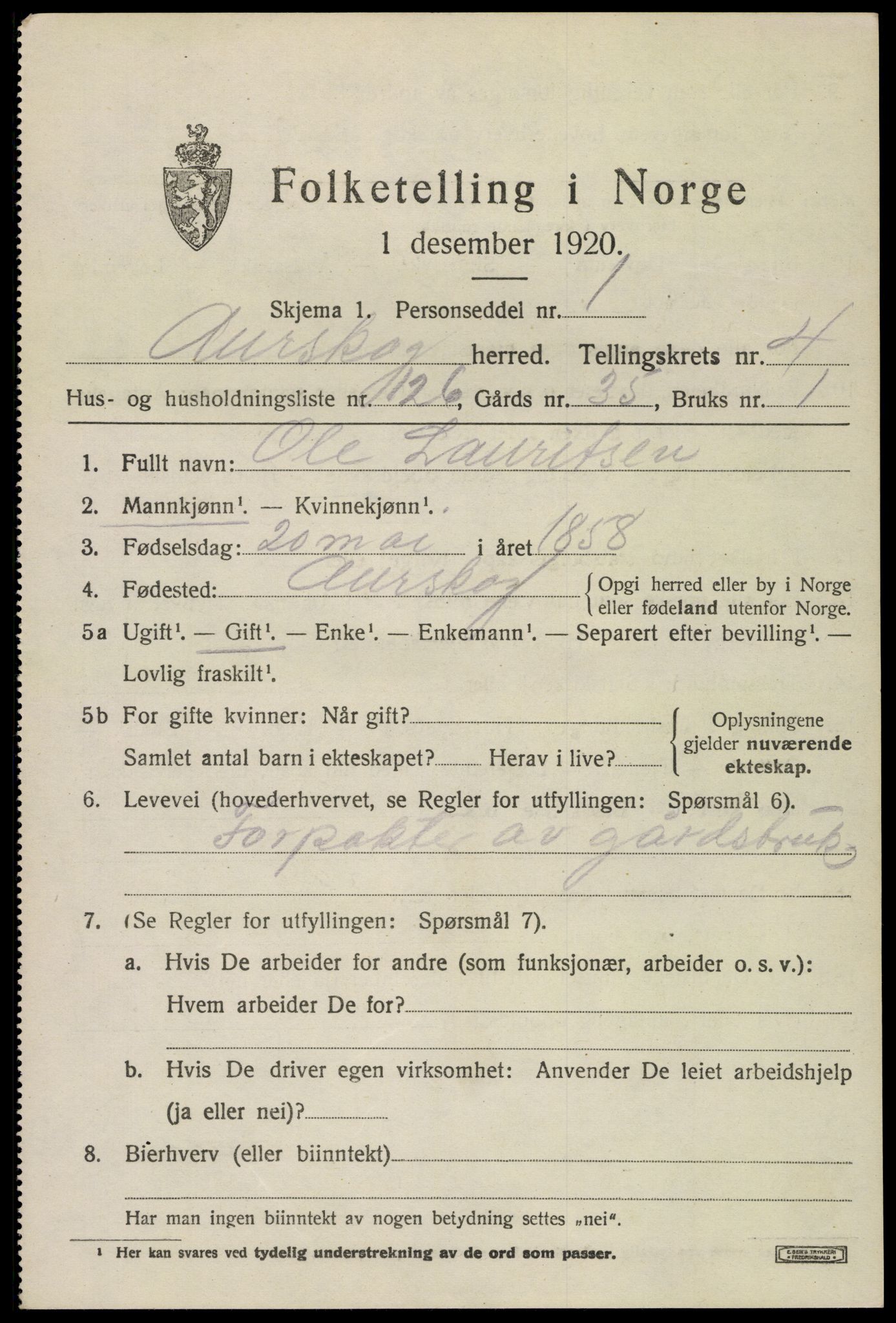 SAO, 1920 census for Aurskog, 1920, p. 6120