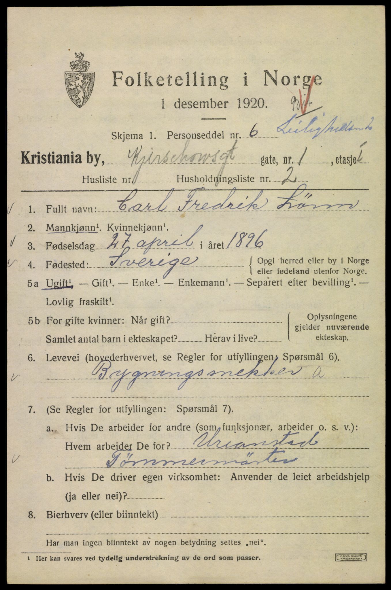 SAO, 1920 census for Kristiania, 1920, p. 340399