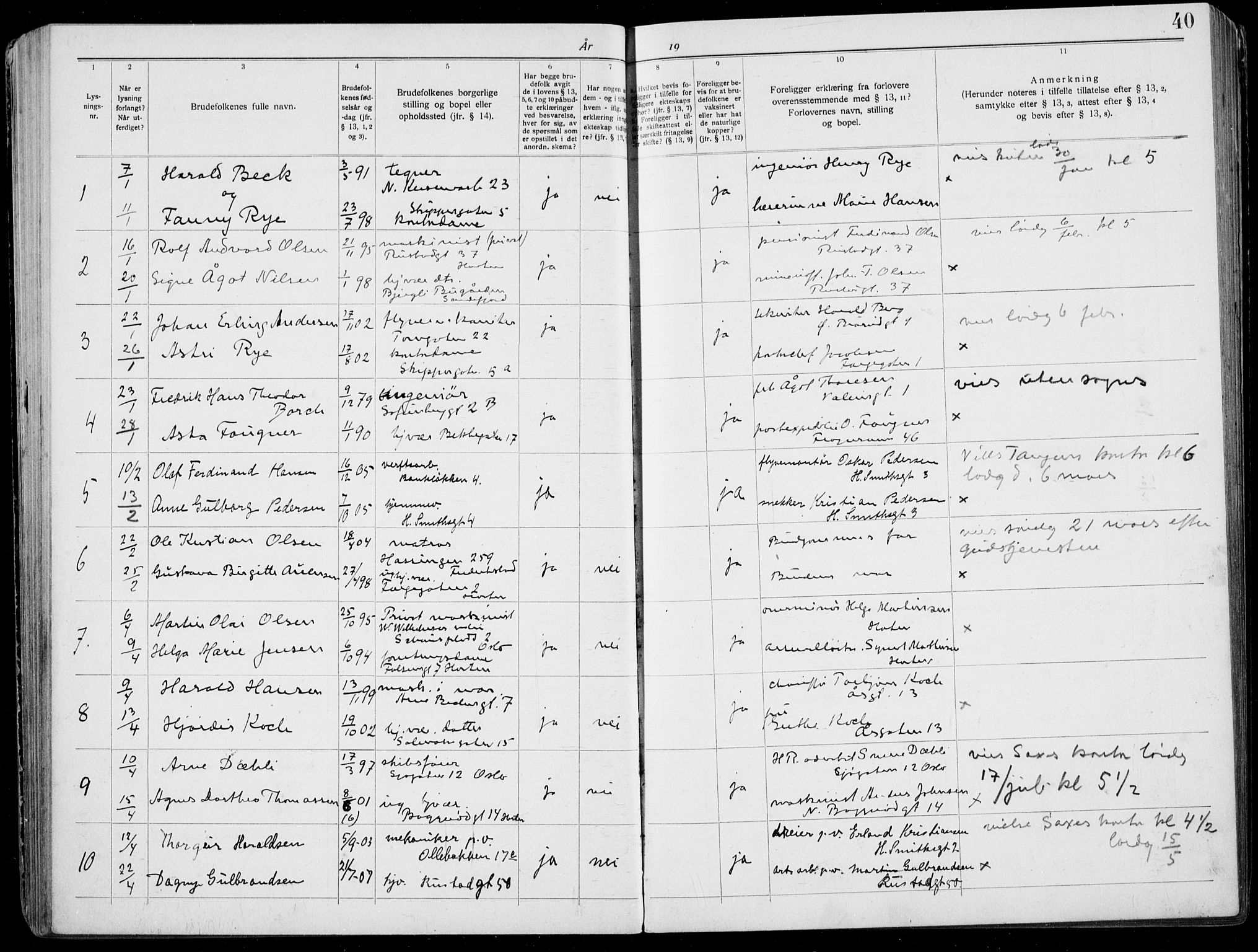Horten kirkebøker, AV/SAKO-A-348/H/Ha/L0006: Banns register no. 6, 1920-1934, p. 40