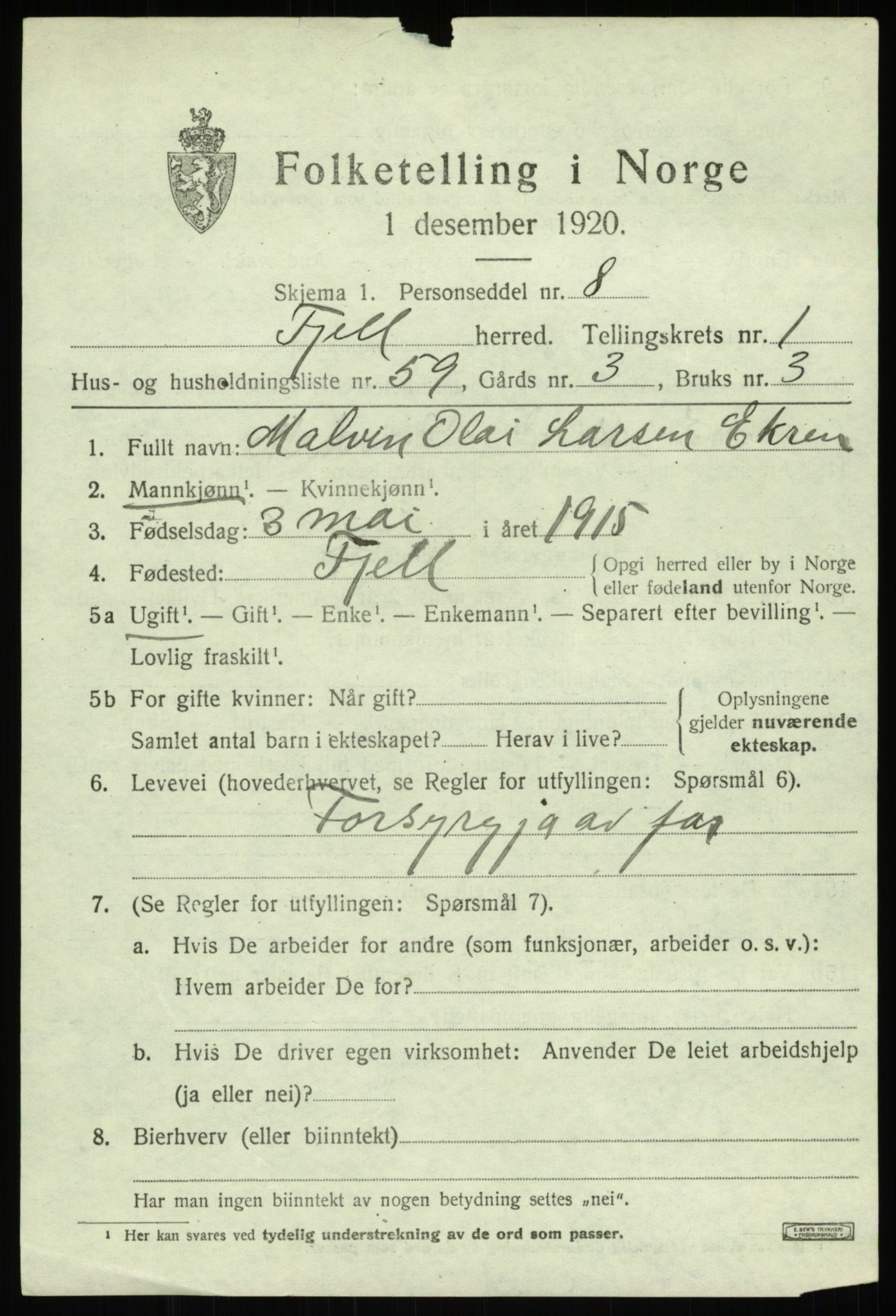 SAB, 1920 census for Fjell, 1920, p. 2248