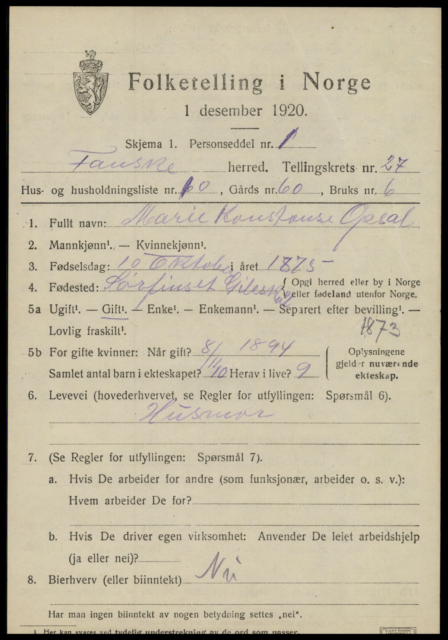 SAT, 1920 census for Fauske, 1920, p. 16190