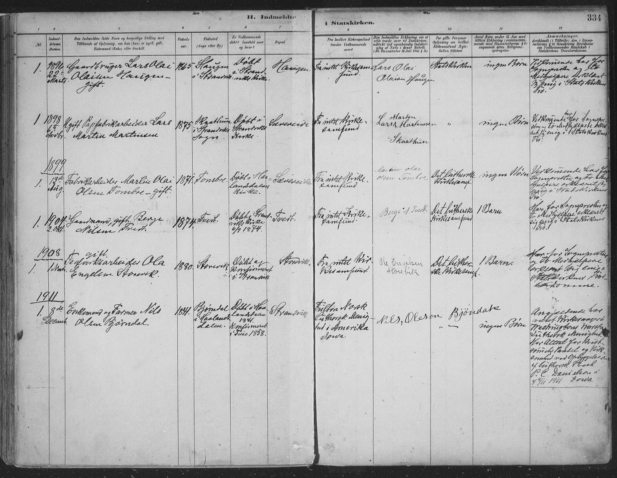 Fusa sokneprestembete, SAB/A-75401/H/Haa: Parish register (official) no. D 1, 1880-1938, p. 334