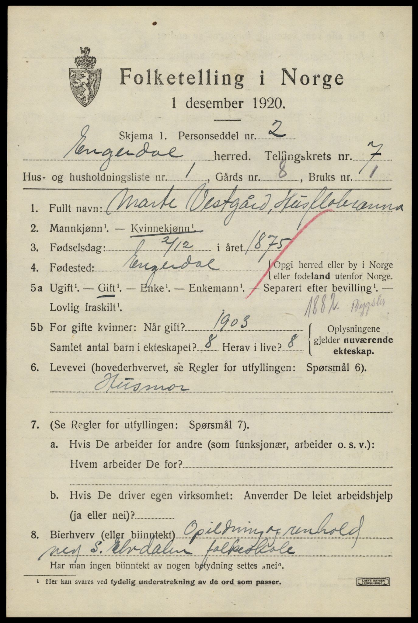 SAH, 1920 census for Engerdal, 1920, p. 2939