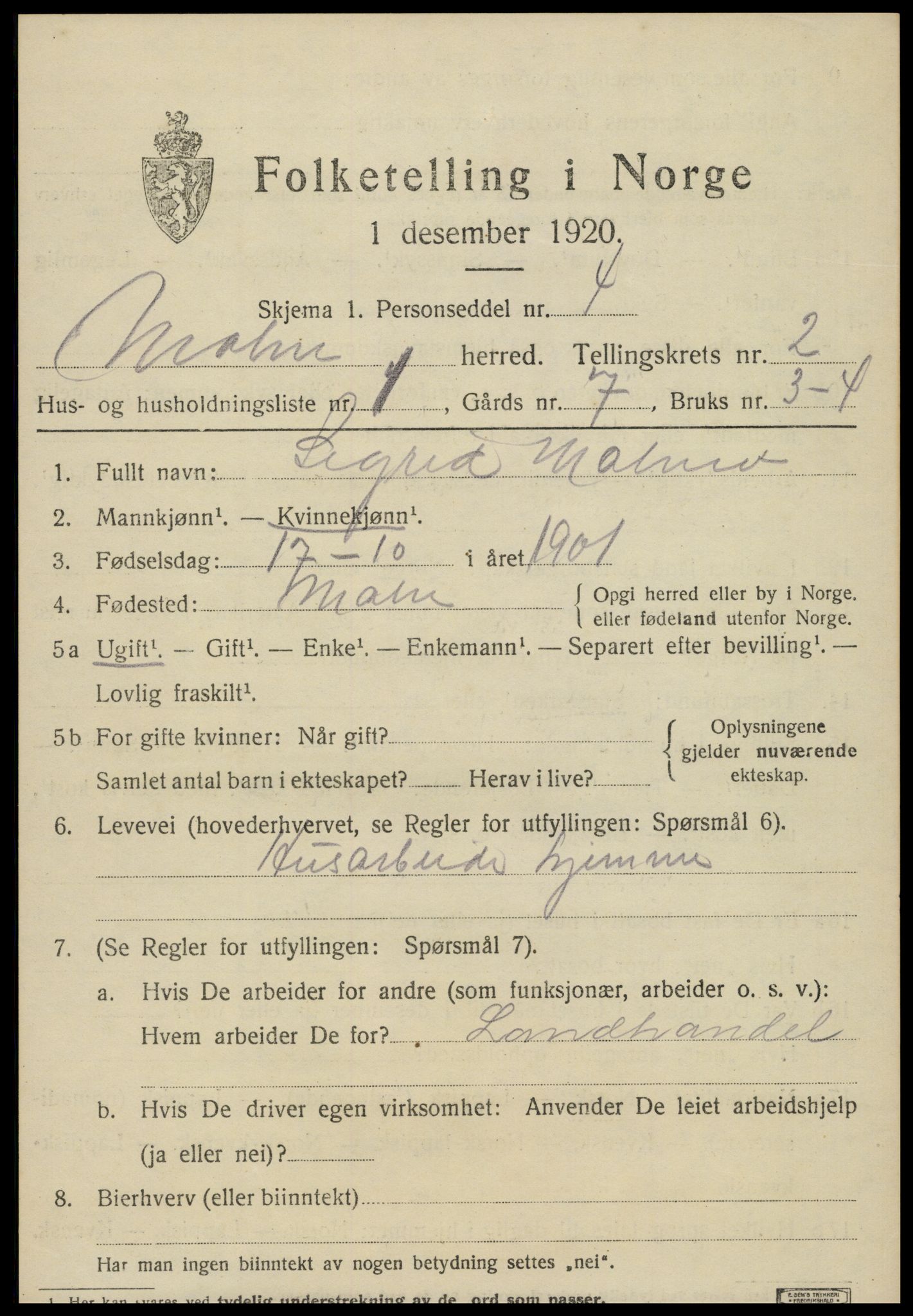 SAT, 1920 census for Malm, 1920, p. 955