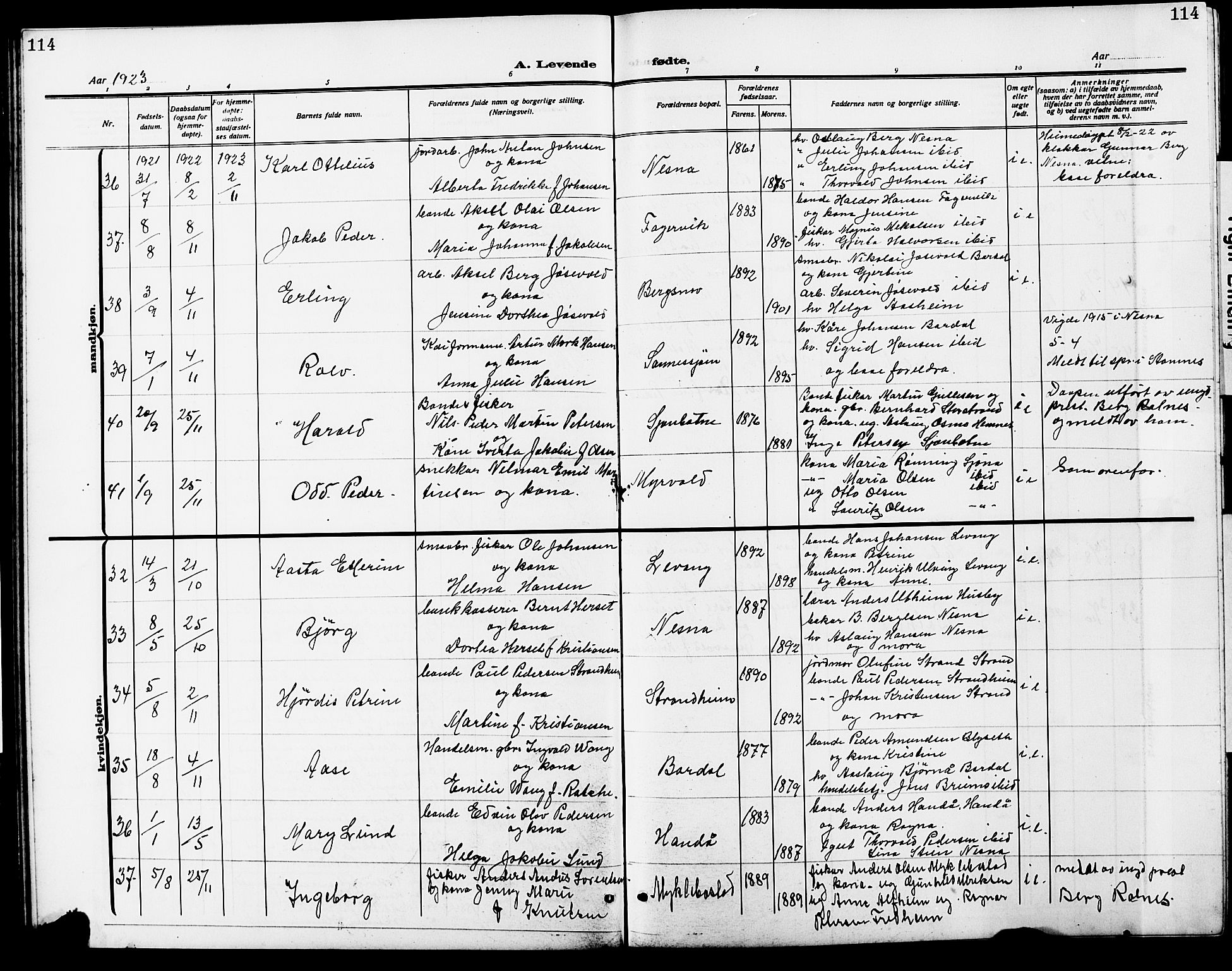 Ministerialprotokoller, klokkerbøker og fødselsregistre - Nordland, AV/SAT-A-1459/838/L0560: Parish register (copy) no. 838C07, 1910-1928, p. 114