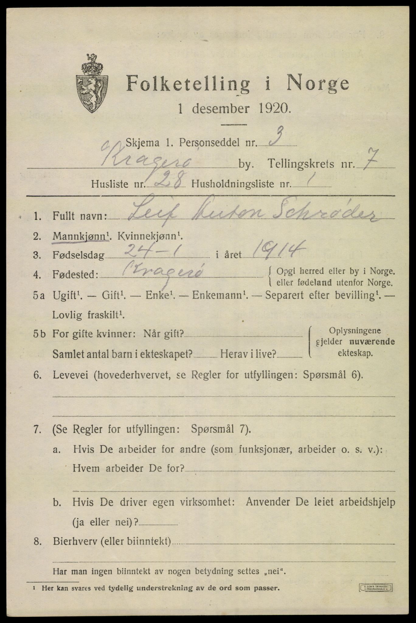 SAKO, 1920 census for Kragerø, 1920, p. 10005