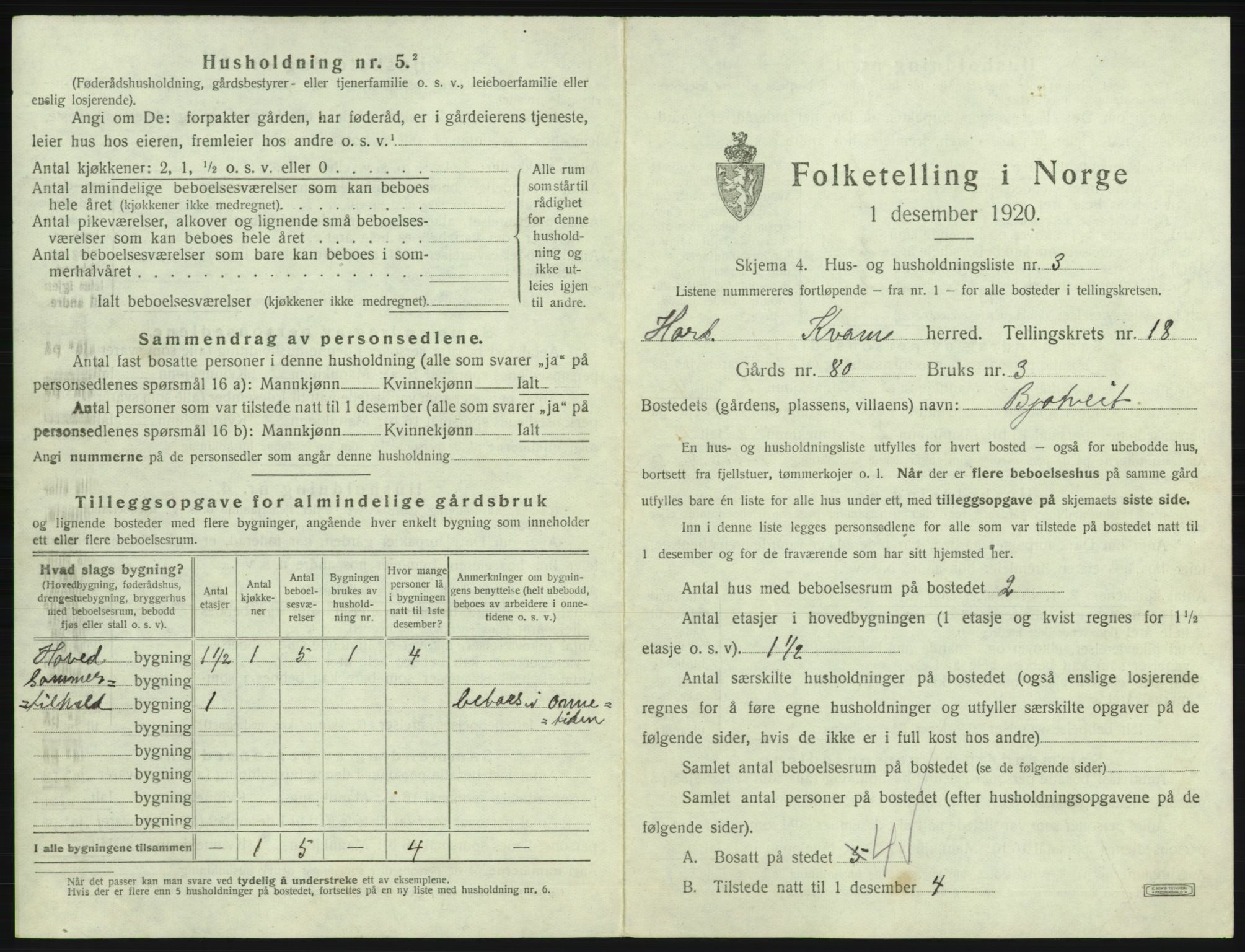 SAB, 1920 census for Kvam, 1920, p. 1409