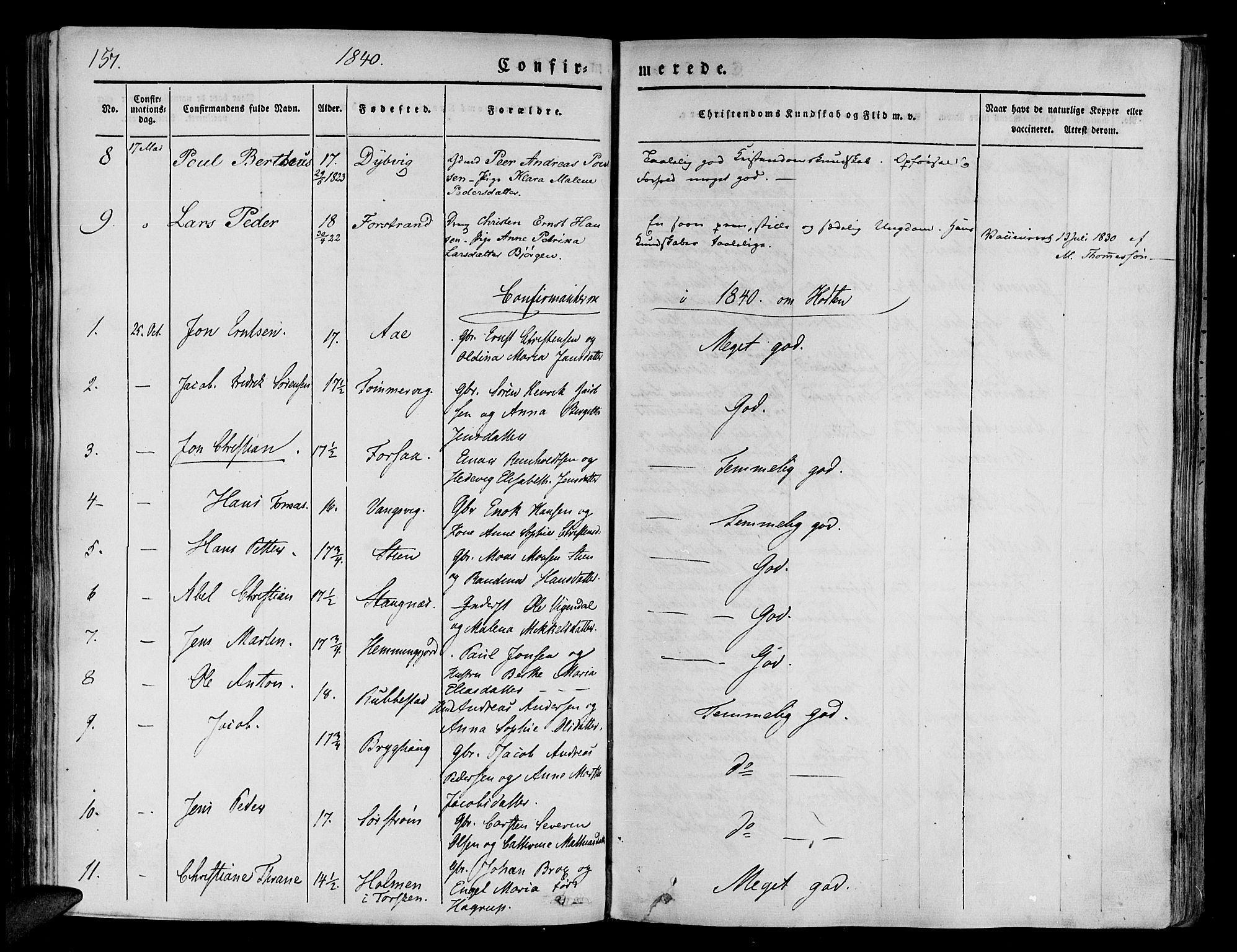 Tranøy sokneprestkontor, SATØ/S-1313/I/Ia/Iaa/L0005kirke: Parish register (official) no. 5, 1829-1844, p. 157