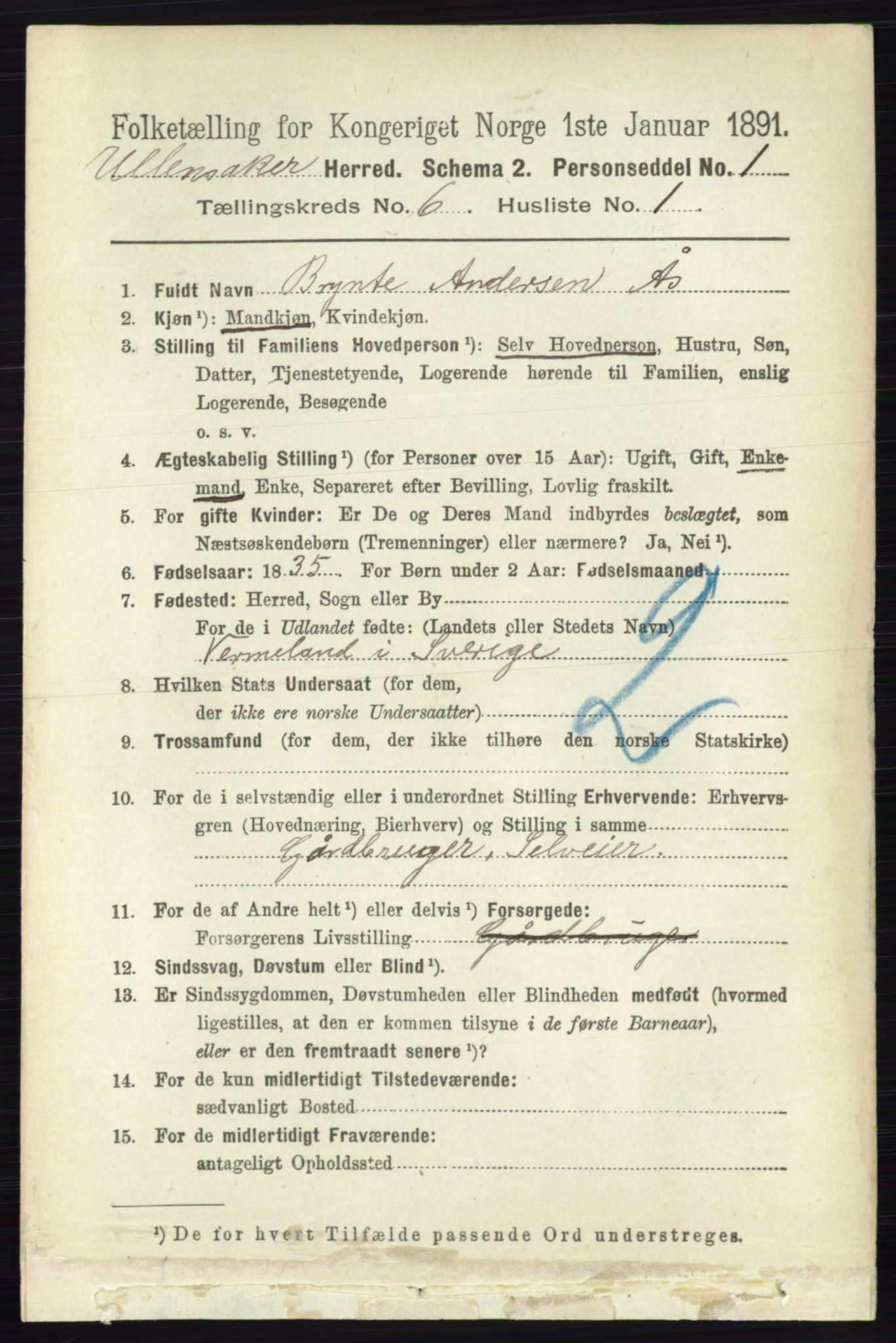 RA, 1891 census for 0235 Ullensaker, 1891, p. 2534