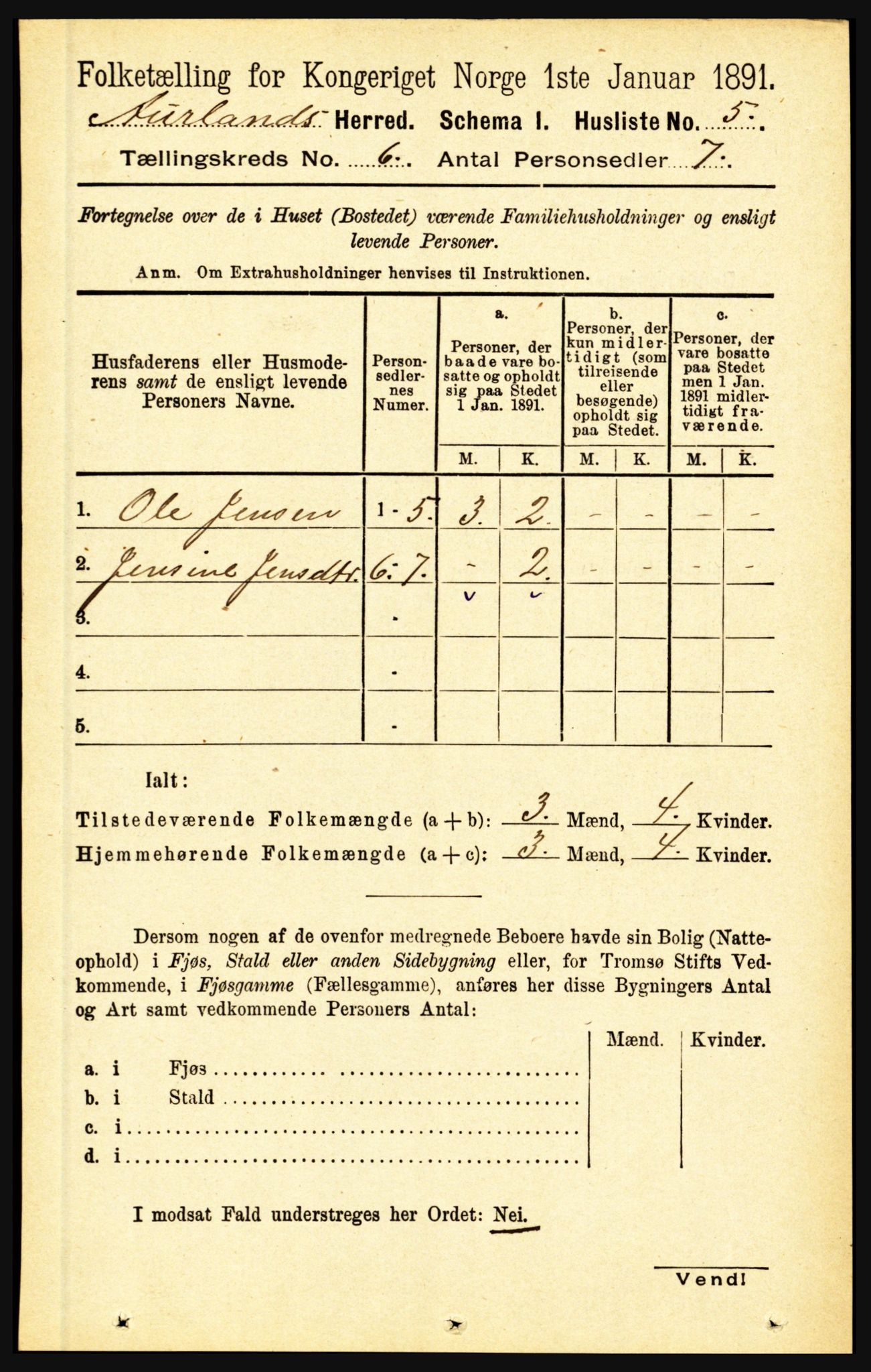 RA, 1891 census for 1421 Aurland, 1891, p. 2205