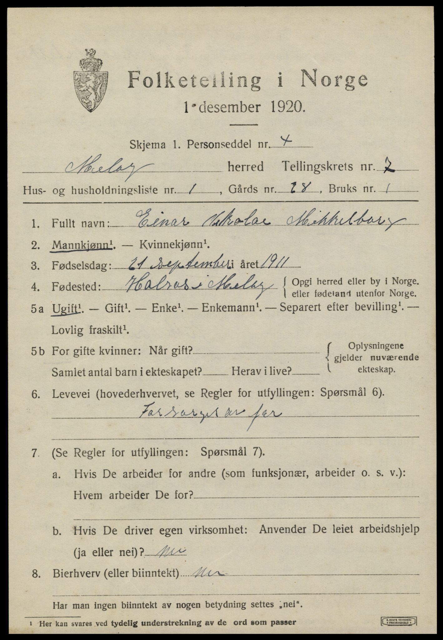 SAT, 1920 census for Meløy, 1920, p. 3717