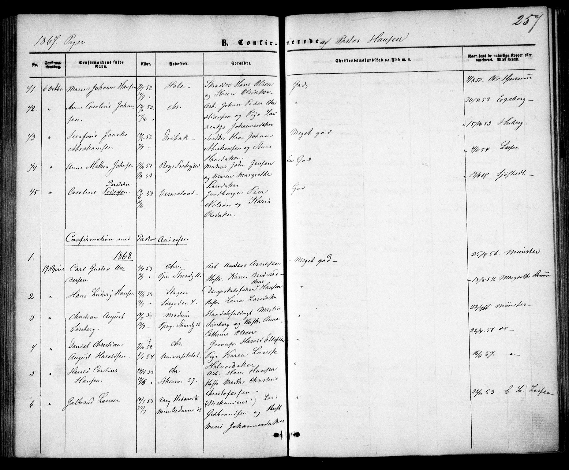Trefoldighet prestekontor Kirkebøker, SAO/A-10882/F/Fb/L0001: Parish register (official) no. II 1, 1858-1871, p. 257
