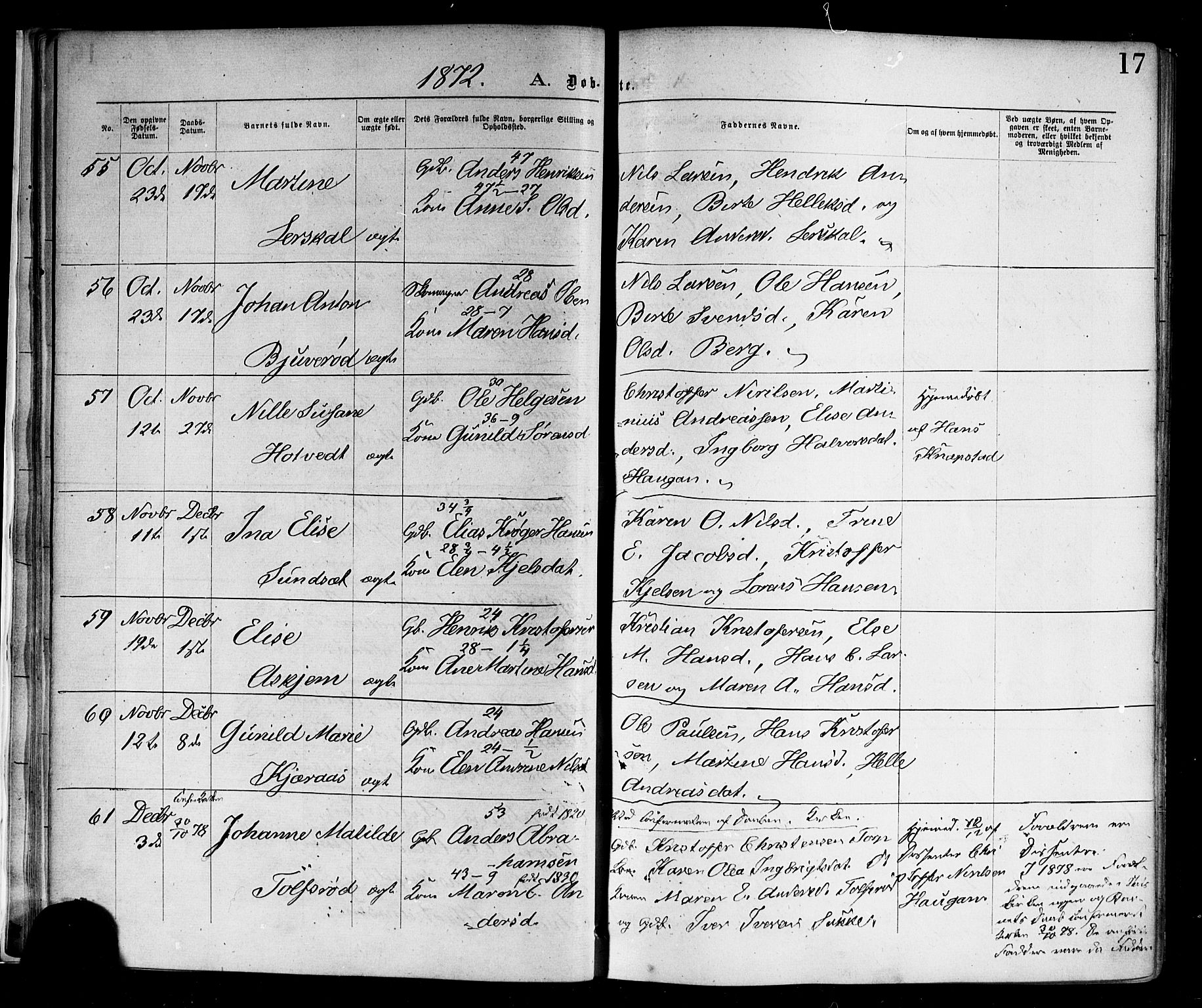 Andebu kirkebøker, AV/SAKO-A-336/F/Fa/L0006: Parish register (official) no. I 6, 1871-1878, p. 17