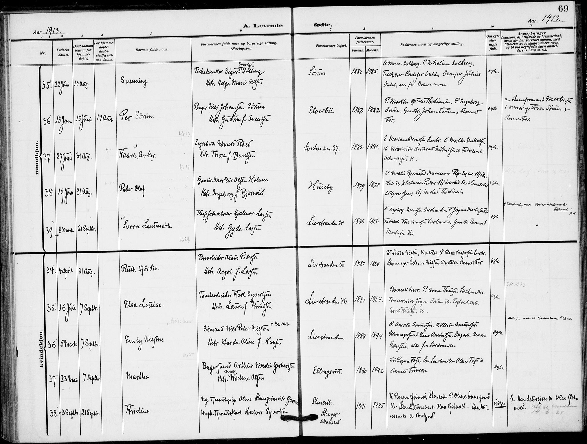 Lier kirkebøker, SAKO/A-230/F/Fa/L0018: Parish register (official) no. I 18, 1909-1917, p. 69