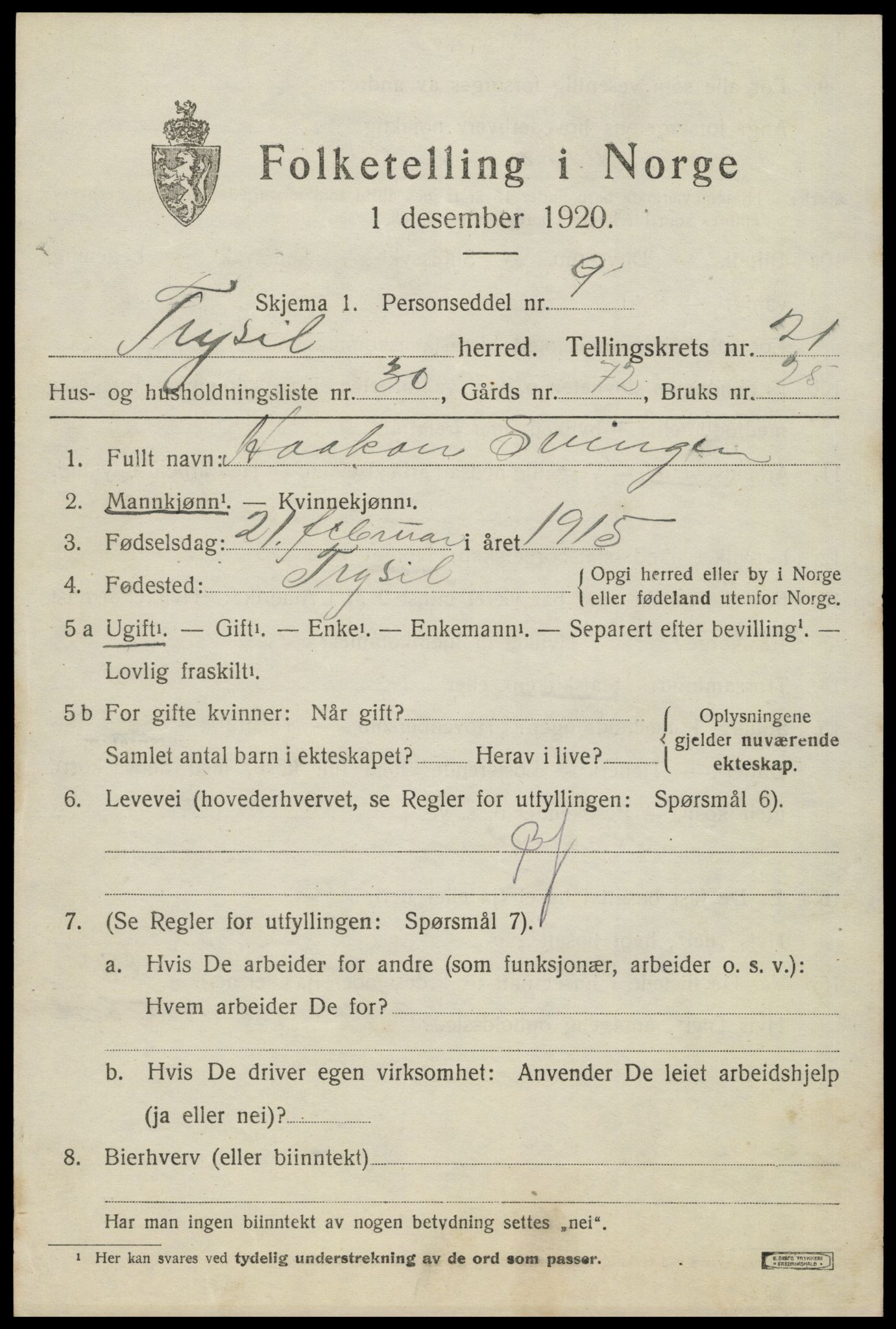 SAH, 1920 census for Trysil, 1920, p. 14135
