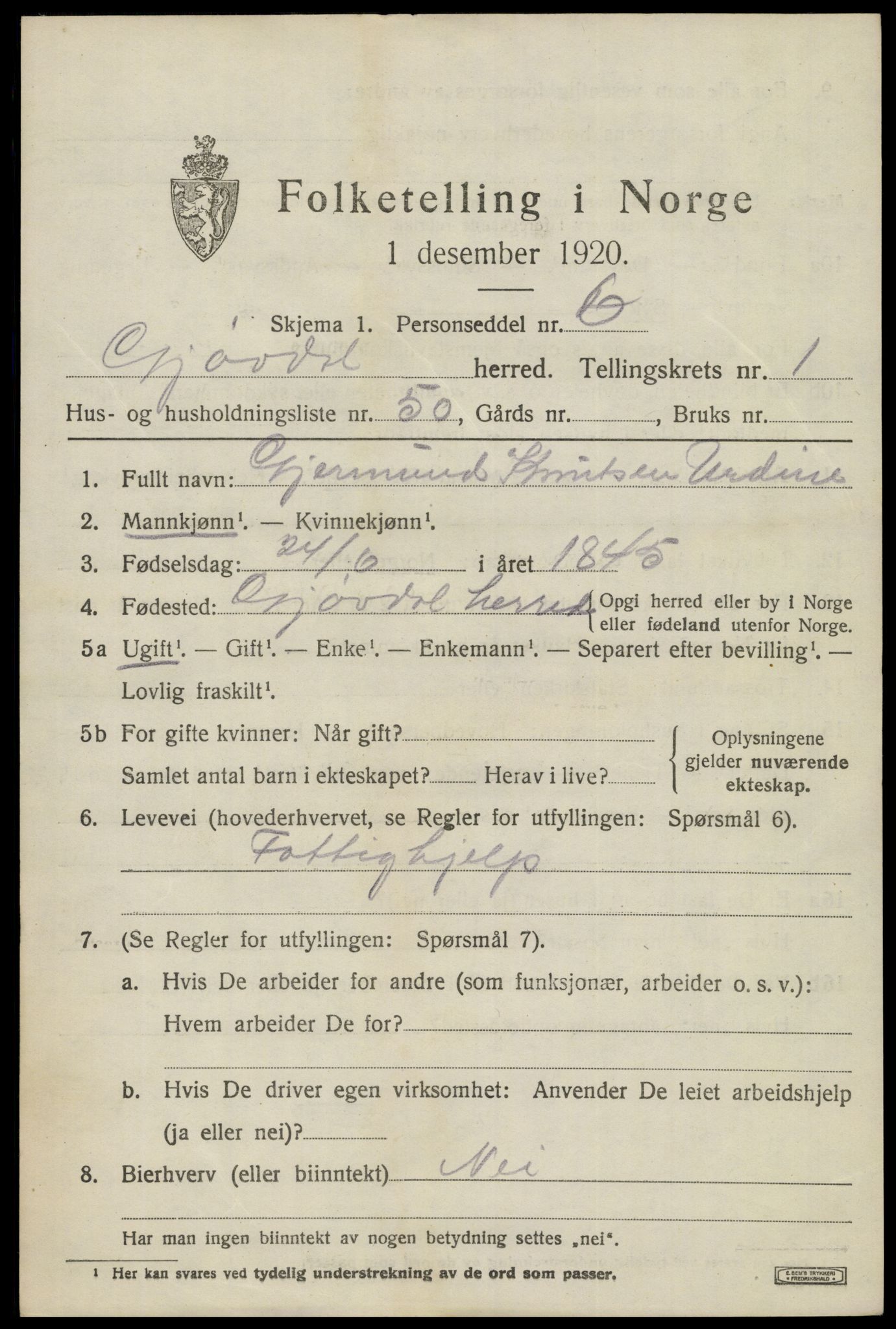 SAK, 1920 census for Gjøvdal, 1920, p. 820