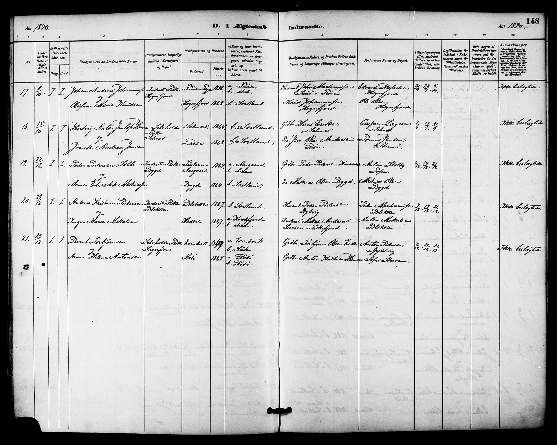 Ministerialprotokoller, klokkerbøker og fødselsregistre - Nordland, AV/SAT-A-1459/895/L1371: Parish register (official) no. 895A06, 1885-1894, p. 148