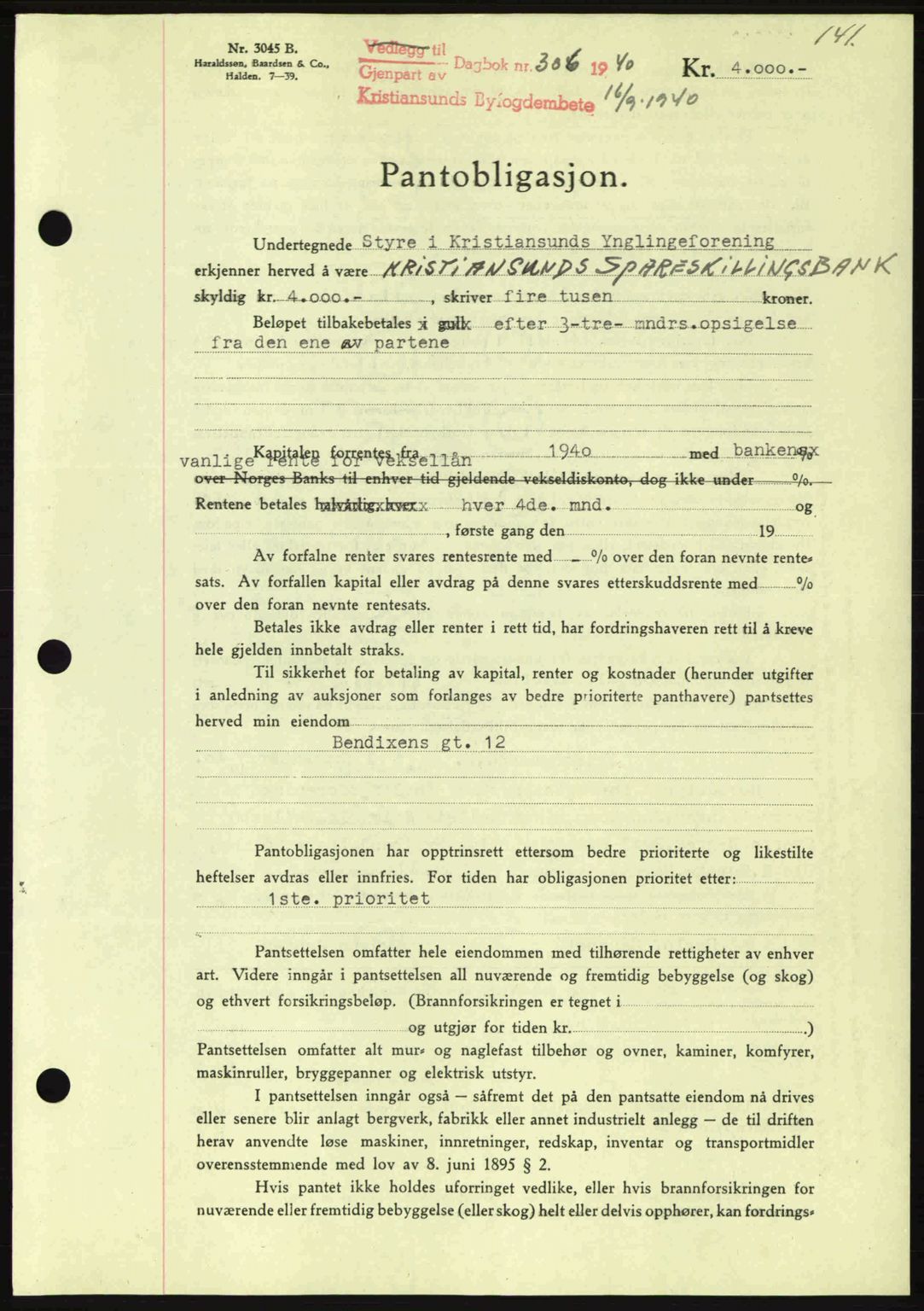 Kristiansund byfogd, AV/SAT-A-4587/A/27: Mortgage book no. 33, 1939-1941, Diary no: : 306/1940