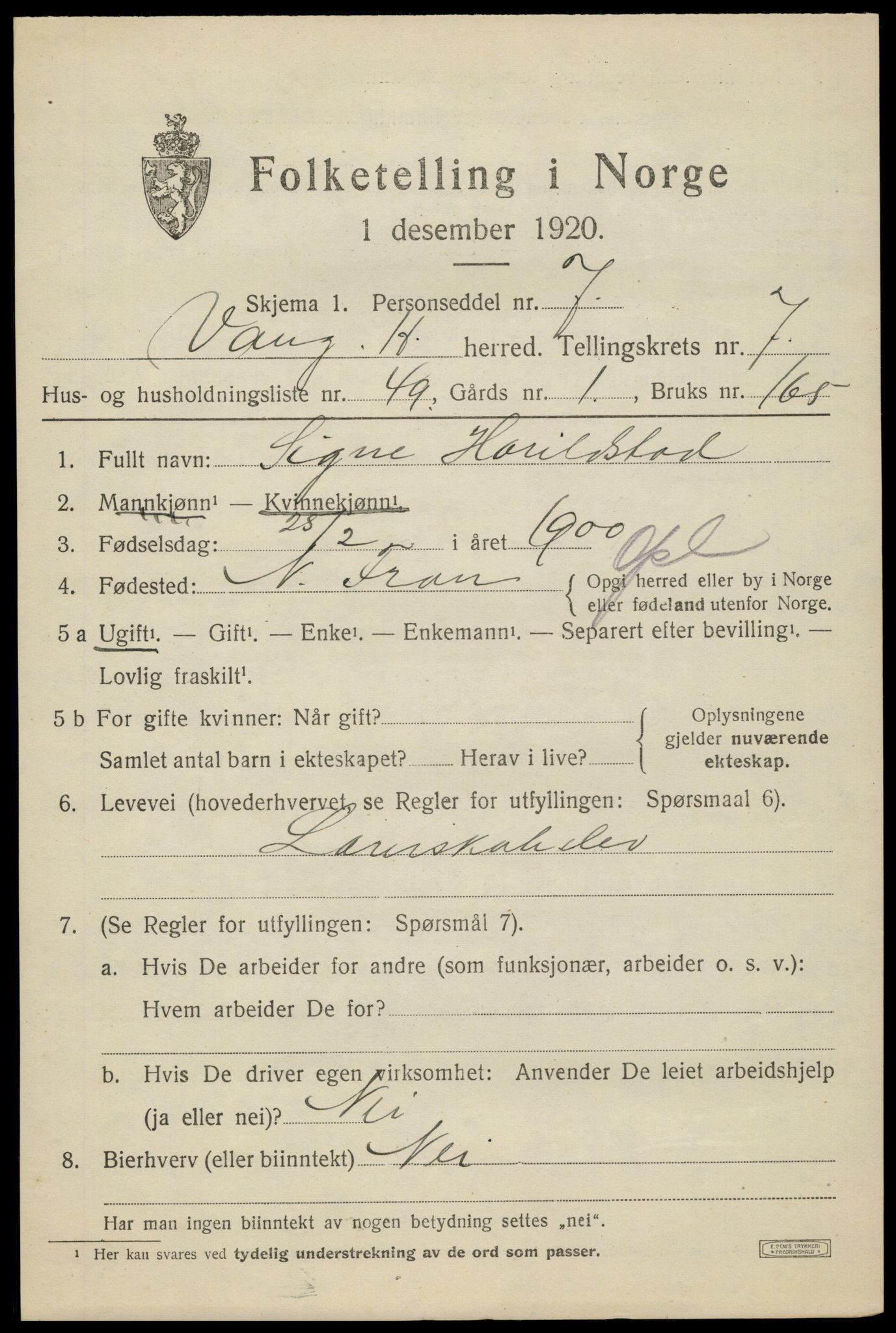 SAH, 1920 census for Vang (Hedmark), 1920, p. 3575