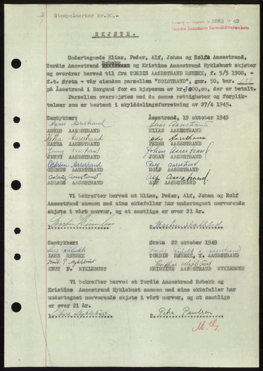 Nordre Sunnmøre sorenskriveri, AV/SAT-A-0006/1/2/2C/2Ca: Mortgage book no. A32, 1949-1949, Diary no: : 2583/1949