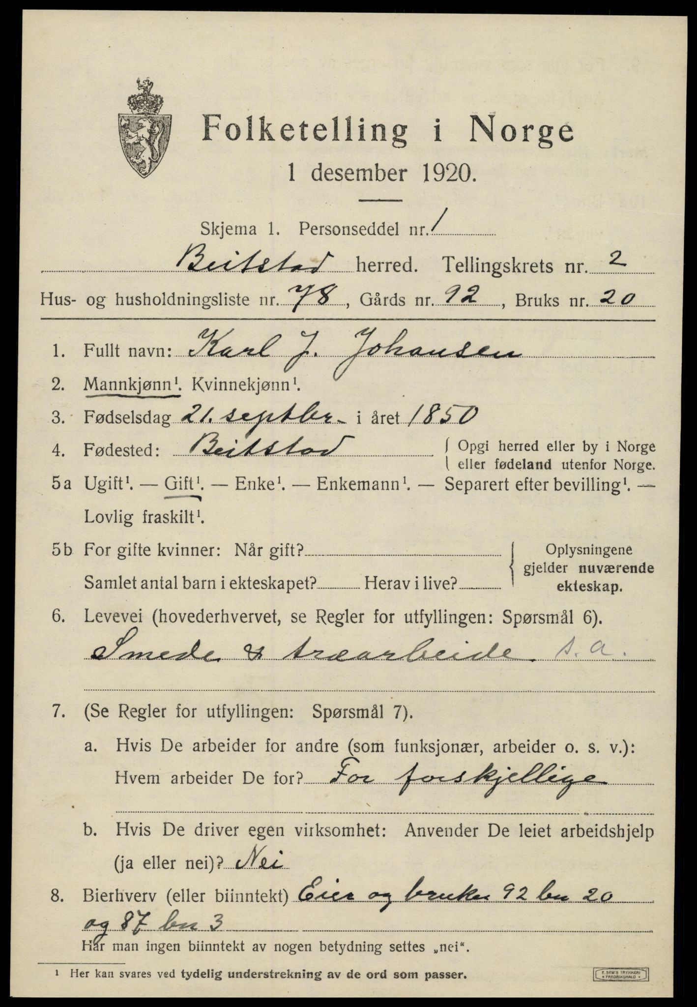 SAT, 1920 census for Beitstad, 1920, p. 2369