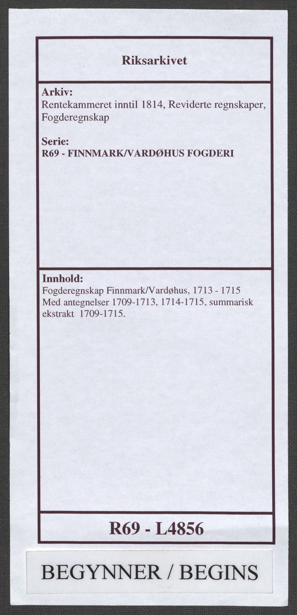 Rentekammeret inntil 1814, Reviderte regnskaper, Fogderegnskap, RA/EA-4092/R69/L4856: Fogderegnskap Finnmark/Vardøhus, 1713-1715, p. 1