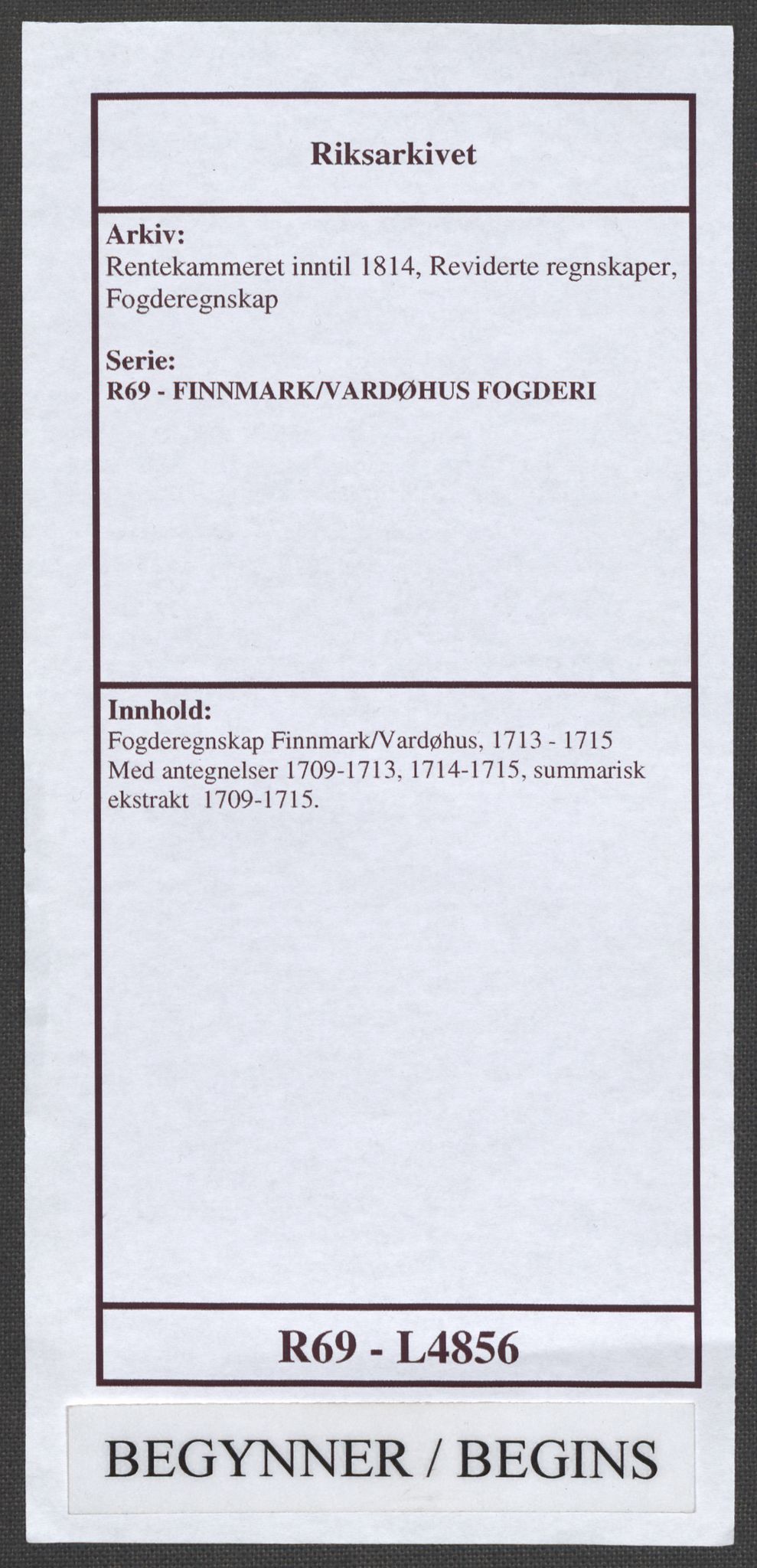 Rentekammeret inntil 1814, Reviderte regnskaper, Fogderegnskap, AV/RA-EA-4092/R69/L4856: Fogderegnskap Finnmark/Vardøhus, 1713-1715, p. 1