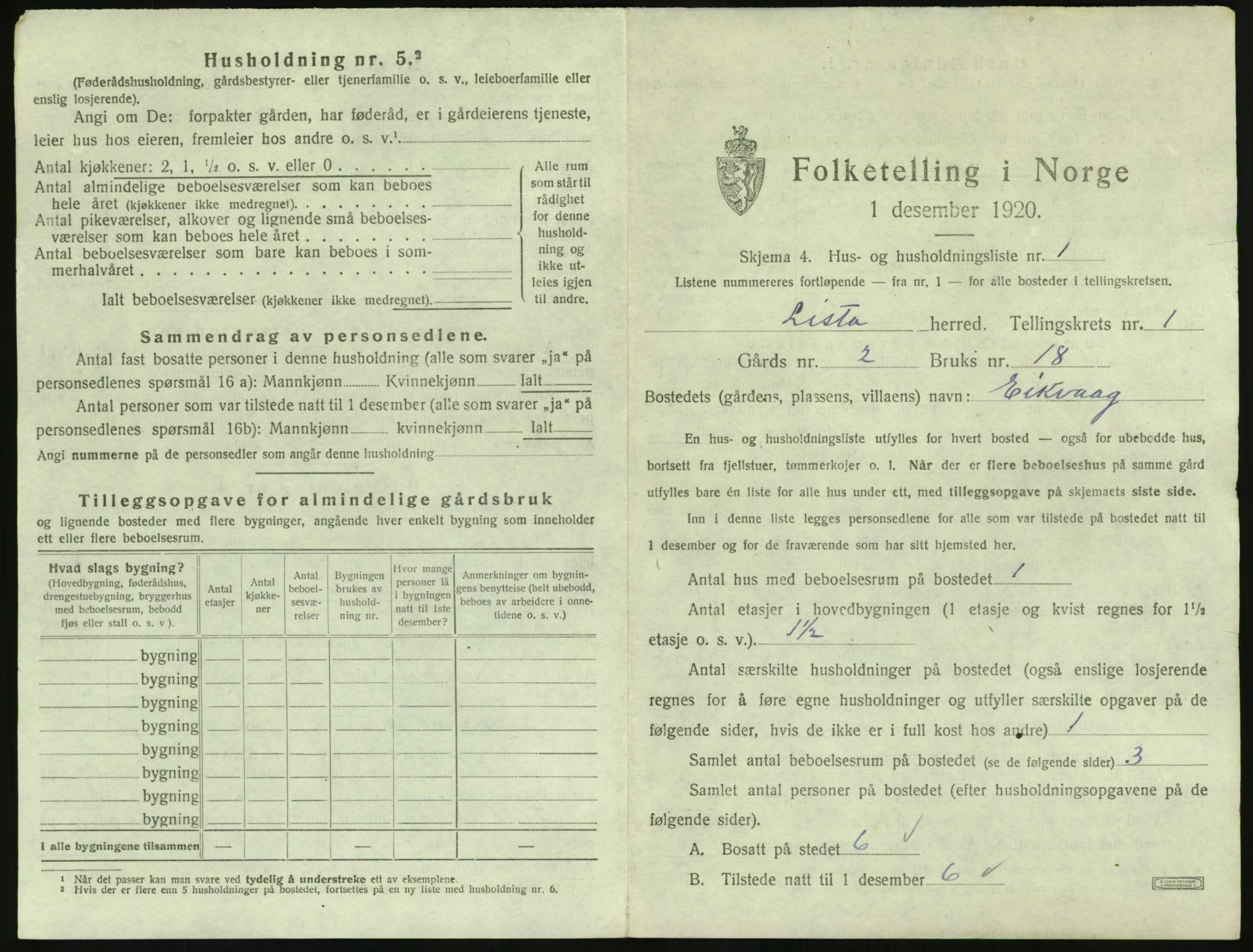 SAK, 1920 census for Lista, 1920, p. 79