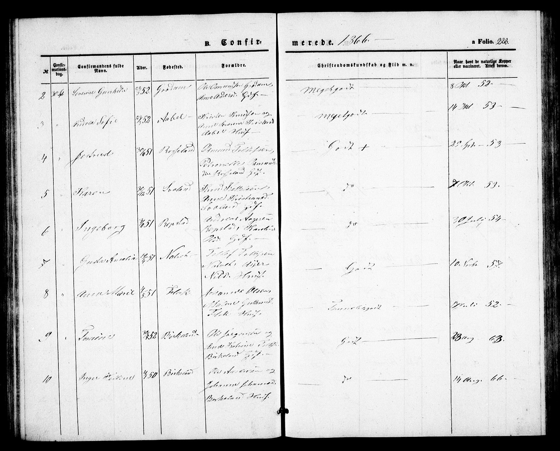 Birkenes sokneprestkontor, SAK/1111-0004/F/Fb/L0002: Parish register (copy) no. B 2, 1849-1876, p. 222