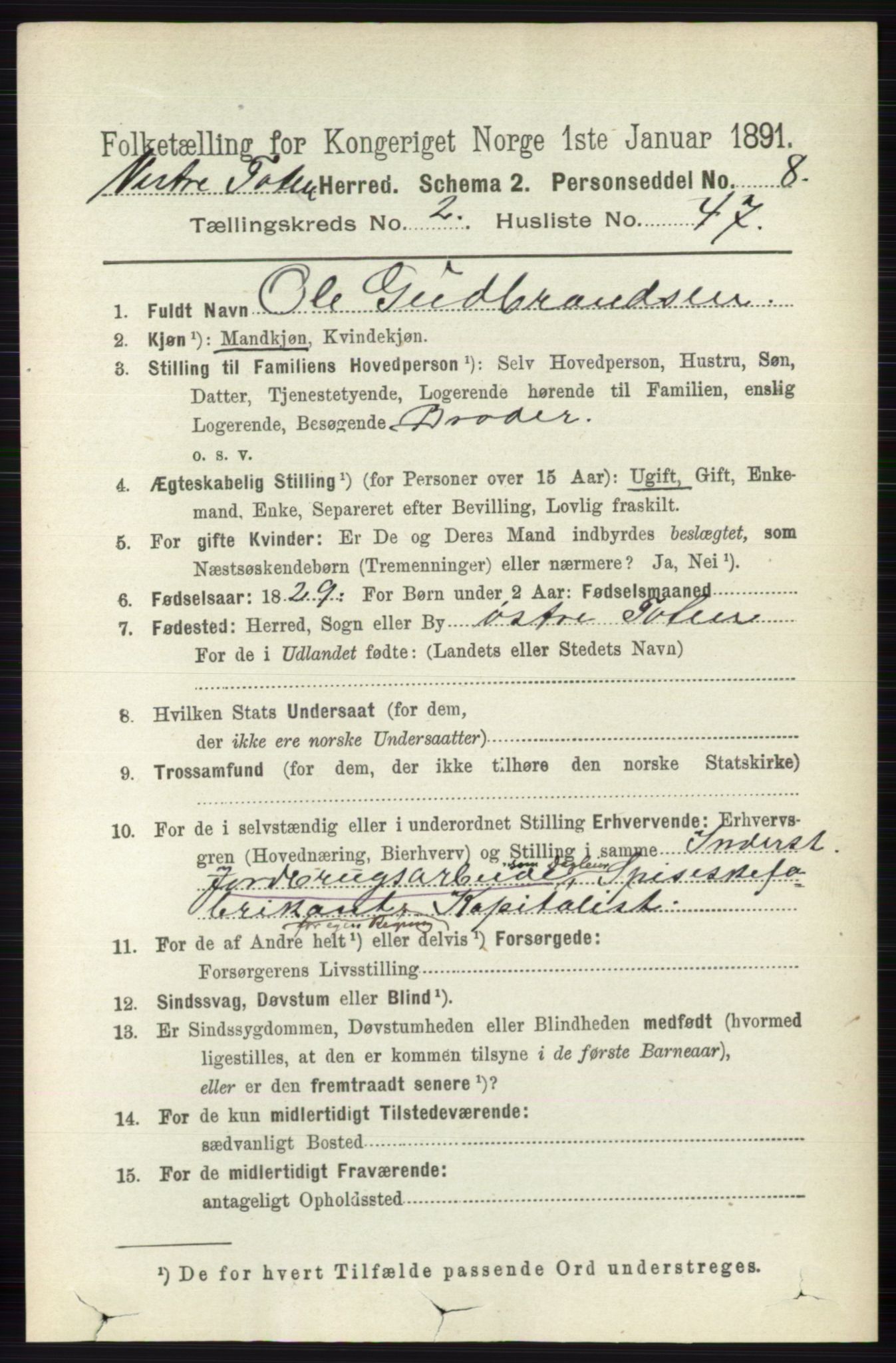 RA, 1891 census for 0529 Vestre Toten, 1891, p. 1707