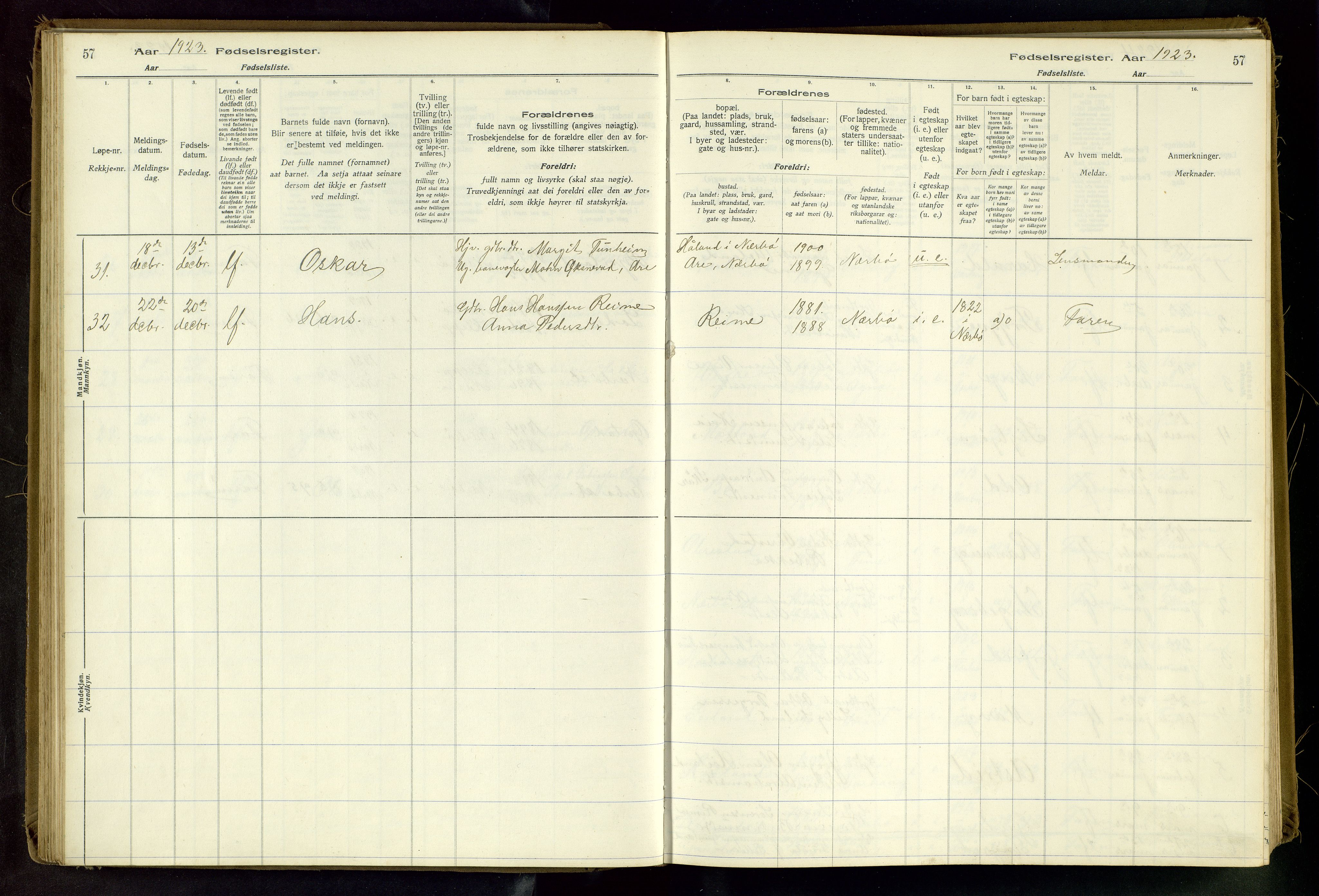 Hå sokneprestkontor, AV/SAST-A-101801/002/C/L0001: Birth register no. 1, 1916-1945, p. 57