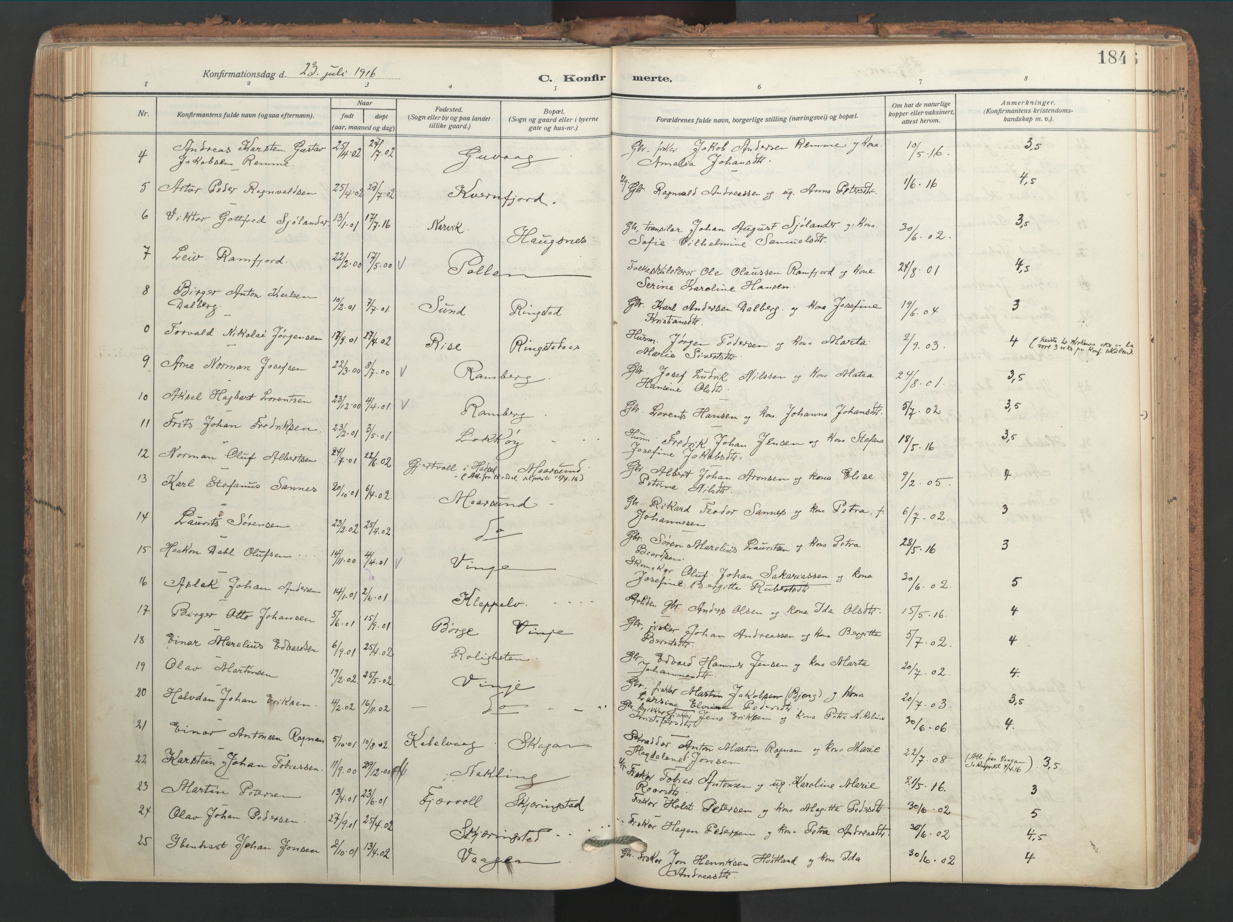 Ministerialprotokoller, klokkerbøker og fødselsregistre - Nordland, AV/SAT-A-1459/891/L1306: Parish register (official) no. 891A11, 1911-1927, p. 184