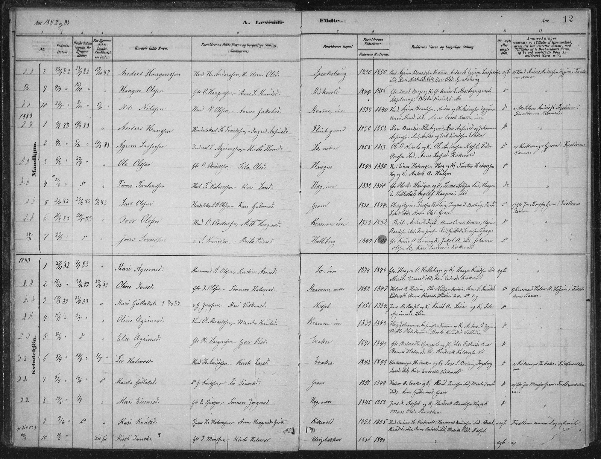 Lærdal sokneprestembete, AV/SAB-A-81201: Parish register (official) no. C  1, 1878-1911, p. 12