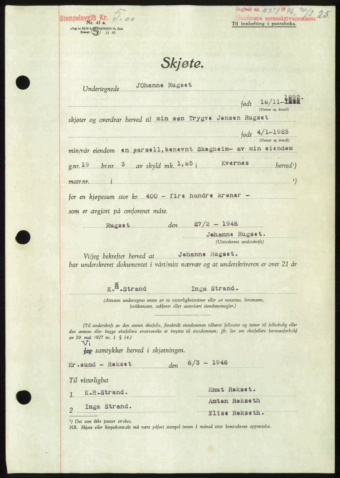 Nordmøre sorenskriveri, AV/SAT-A-4132/1/2/2Ca: Mortgage book no. A101, 1946-1946, Diary no: : 427/1946