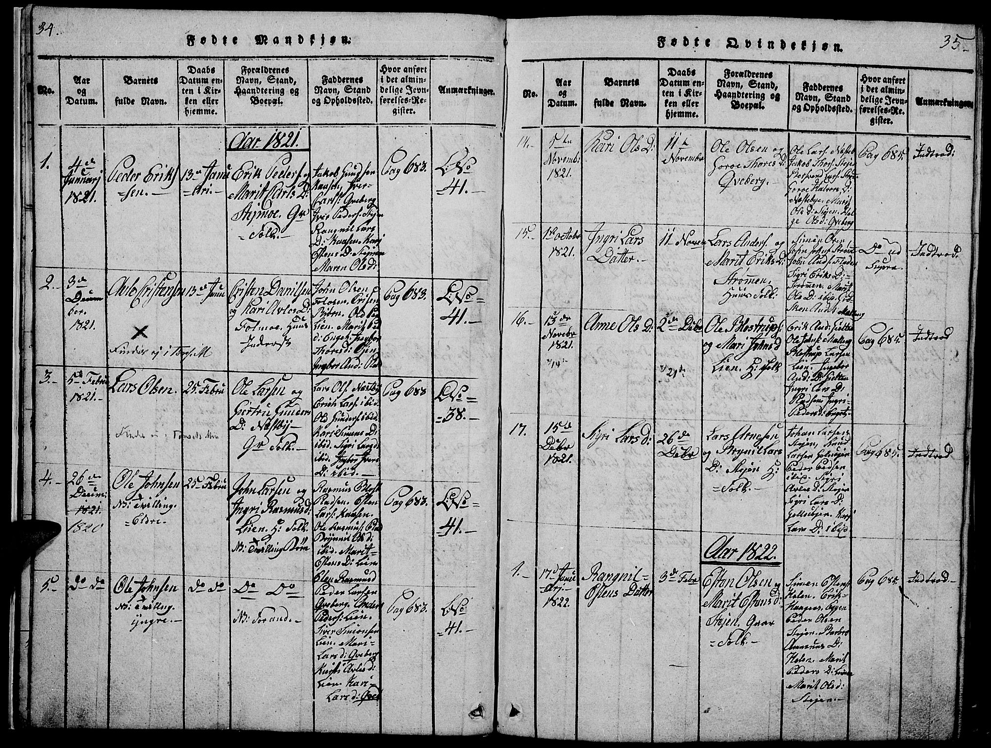 Tynset prestekontor, SAH/PREST-058/H/Ha/Hab/L0002: Parish register (copy) no. 2, 1814-1862, p. 34-35